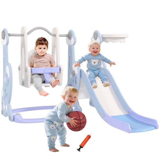 Toboggan balançoire 4 en 1 enfants panier basket échelle 147,5x160x107 cm bleu clair - Image 1