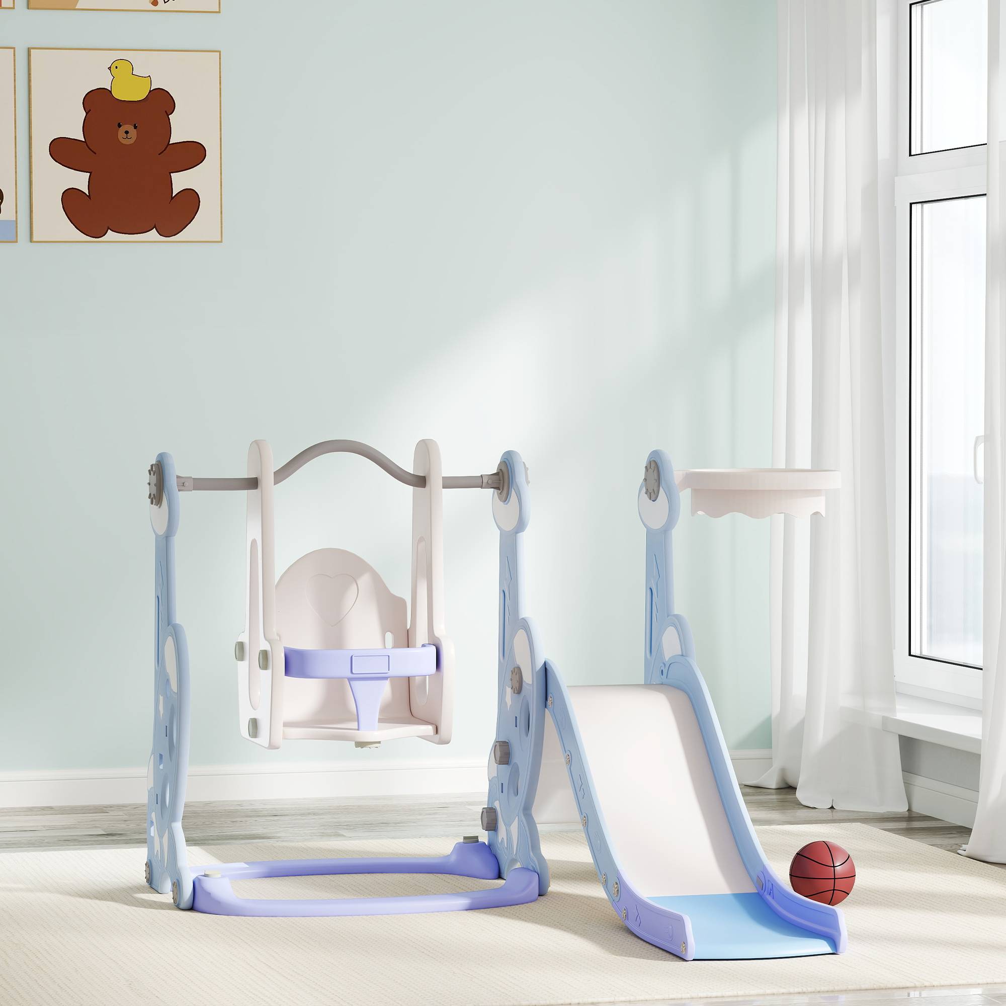Toboggan balançoire 4 en 1 enfants panier basket échelle 147,5x160x107 cm bleu clair - Image 4