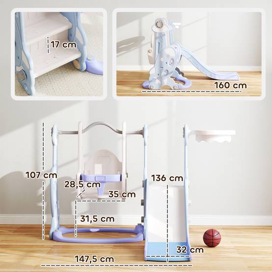Toboggan balançoire 4 en 1 enfants panier basket échelle 147,5x160x107 cm bleu clair - Image 5