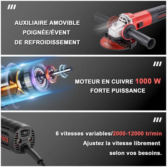 Meuleuse D'angle 1000W 2000-12000 trs/min Avec 20Accessoires, Disque 125 mm, Disque à Lamelles Pour Couper, Meuler - Image 2