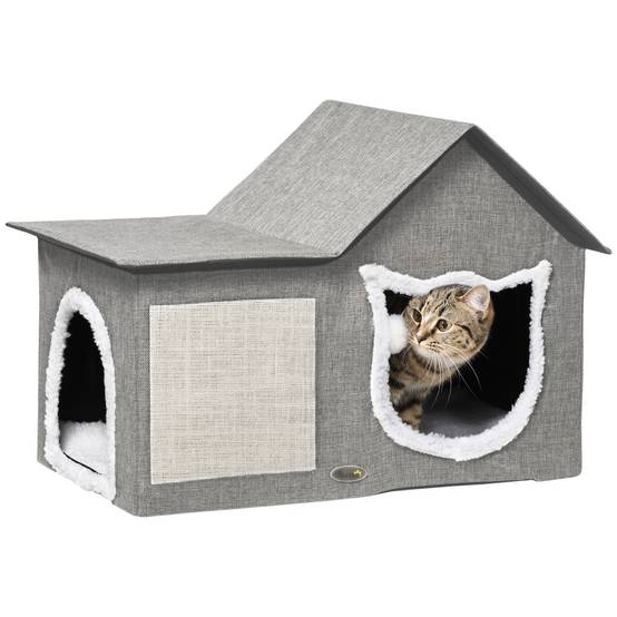 Maison pour Chat Intérieur en MDF avec Griffoir Coussin et Balle Suspendue 65 cm Gris - ComfortXL Outdoor Living - Image 1