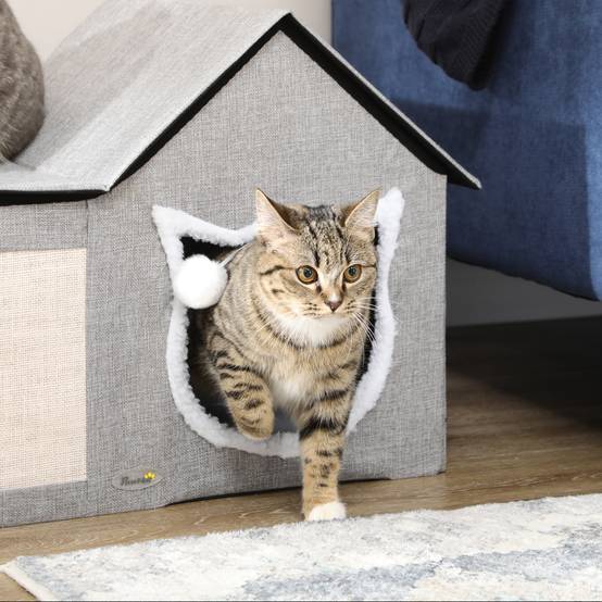 Maison pour Chat Intérieur en MDF avec Griffoir Coussin et Balle Suspendue 65 cm Gris - ComfortXL Outdoor Living - Image 9