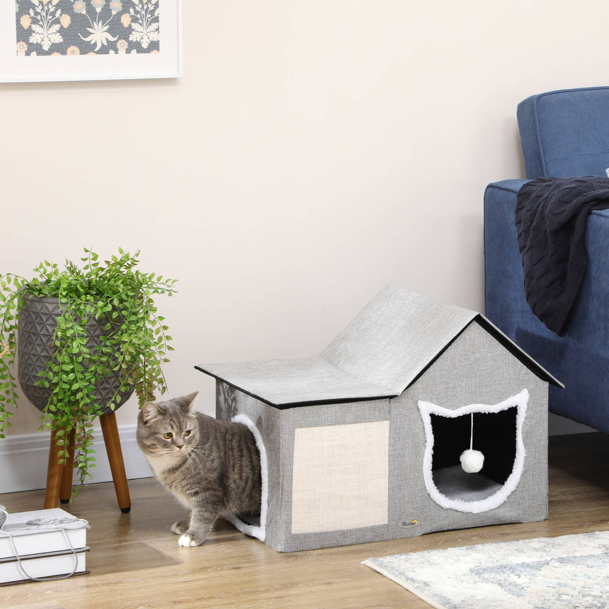 Maison pour Chat Intérieur en MDF avec Griffoir Coussin et Balle Suspendue 65 cm Gris - ComfortXL Outdoor Living - Image 3