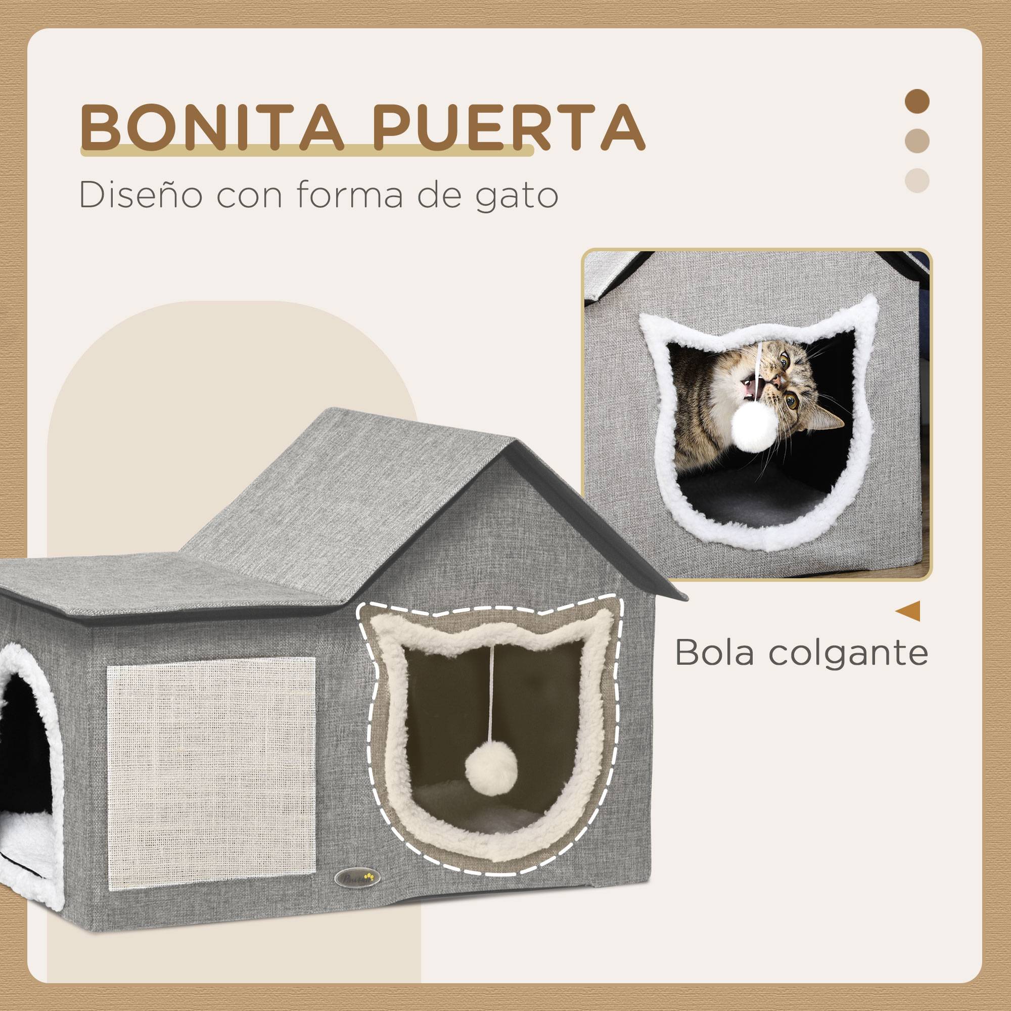 Maison pour Chat Intérieur en MDF avec Griffoir Coussin et Balle Suspendue 65 cm Gris - ComfortXL Outdoor Living - Image 8