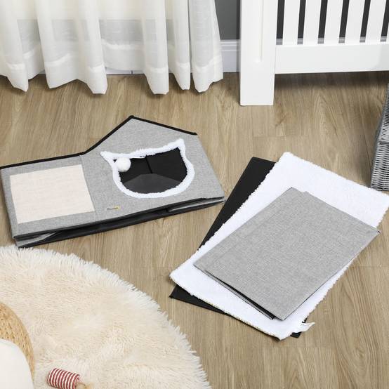 Maison pour Chat Intérieur en MDF avec Griffoir Coussin et Balle Suspendue 65 cm Gris - ComfortXL Outdoor Living - Image 10