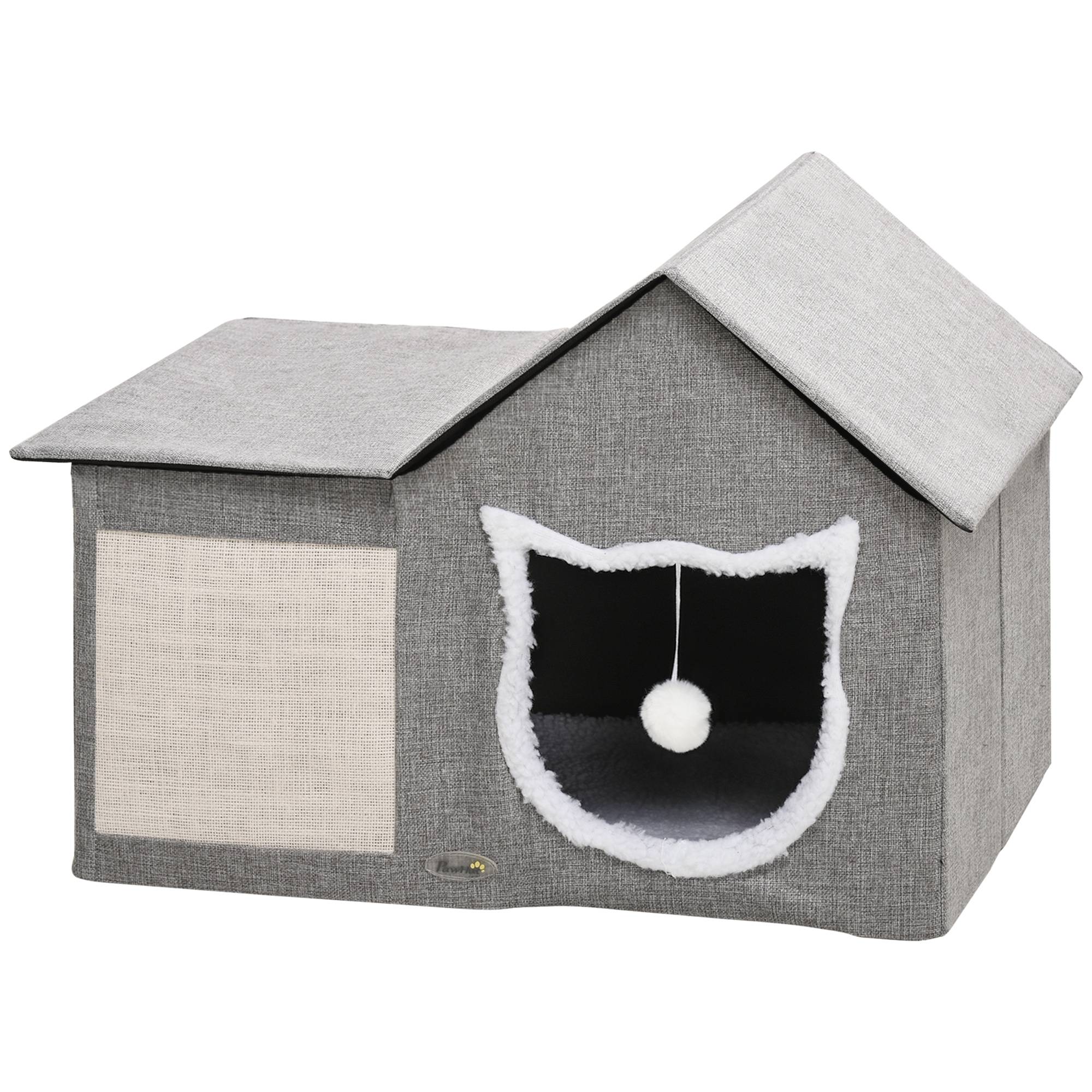 Maison pour Chat Intérieur en MDF avec Griffoir Coussin et Balle Suspendue 65 cm Gris - ComfortXL Outdoor Living - Image 2