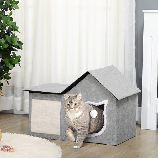 Maison pour Chat Intérieur en MDF avec Griffoir Coussin et Balle Suspendue 65 cm Gris - ComfortXL Outdoor Living - Image 4