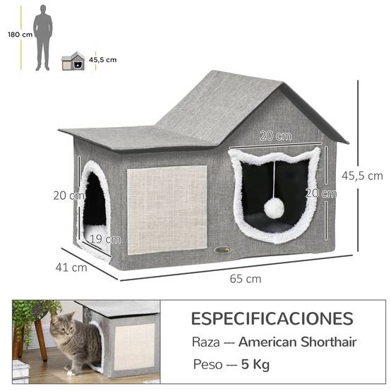 Maison pour Chat Intérieur en MDF avec Griffoir Coussin et Balle Suspendue 65 cm Gris - ComfortXL Outdoor Living - Image 5