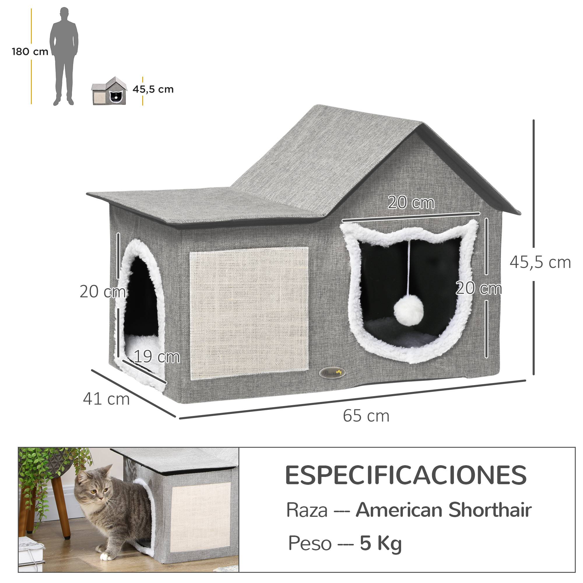 Maison pour Chat Intérieur en MDF avec Griffoir Coussin et Balle Suspendue 65 cm Gris - ComfortXL Outdoor Living - Image 5