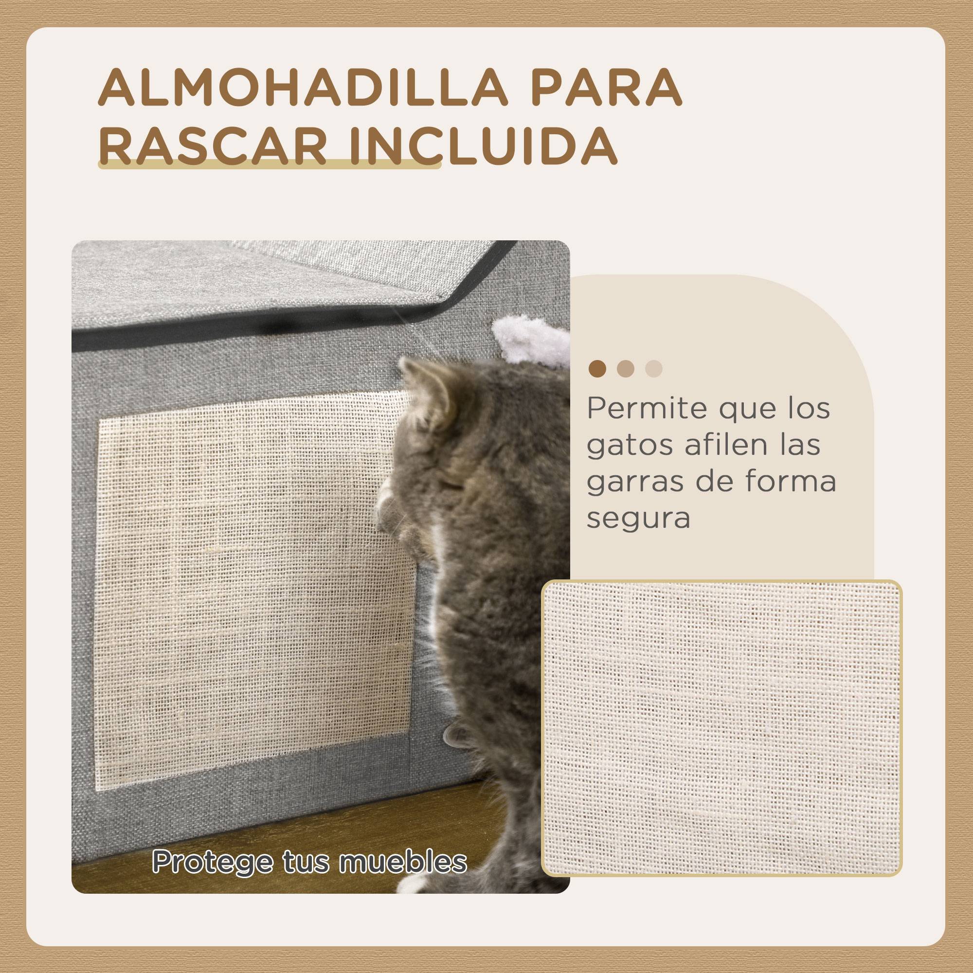 Maison pour Chat Intérieur en MDF avec Griffoir Coussin et Balle Suspendue 65 cm Gris - ComfortXL Outdoor Living - Image 6