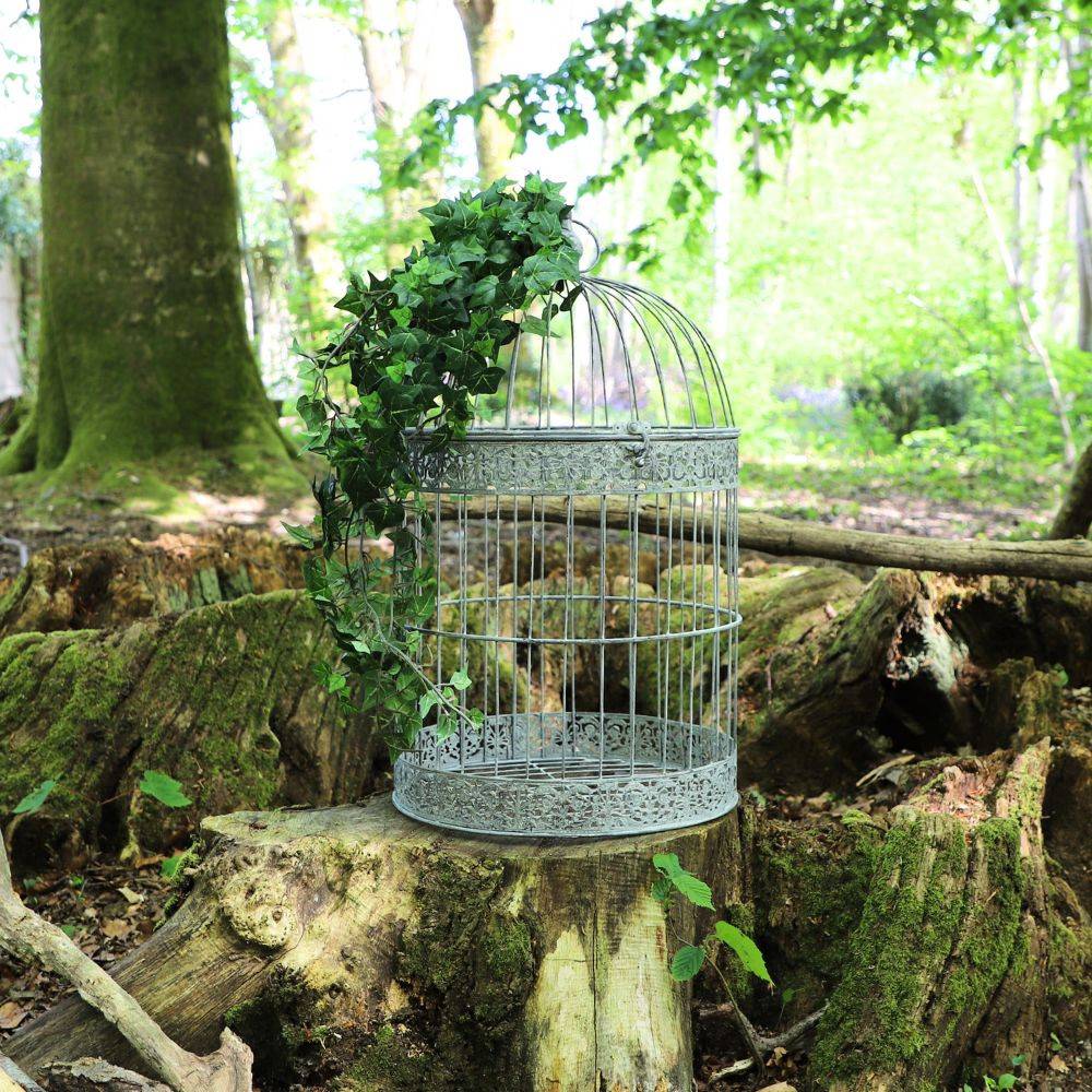 Cage à oiseaux décorative ancienne métal gris Ø.36x60cm Chemin de campagne - Image 2