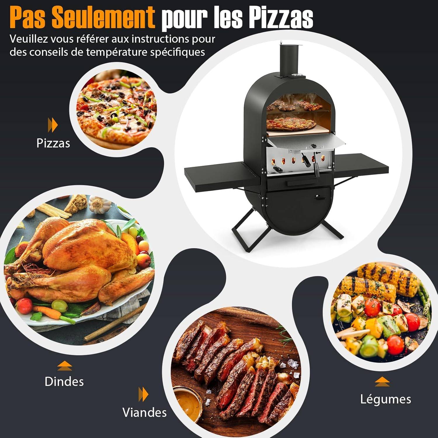 Four à Pizza au Feu de Bois Extérieur, Grill à Pizza avec Pierre à Pizza de 31 cm Pelle à Pizza Grille de Cuisso Thermomètre - Image 6