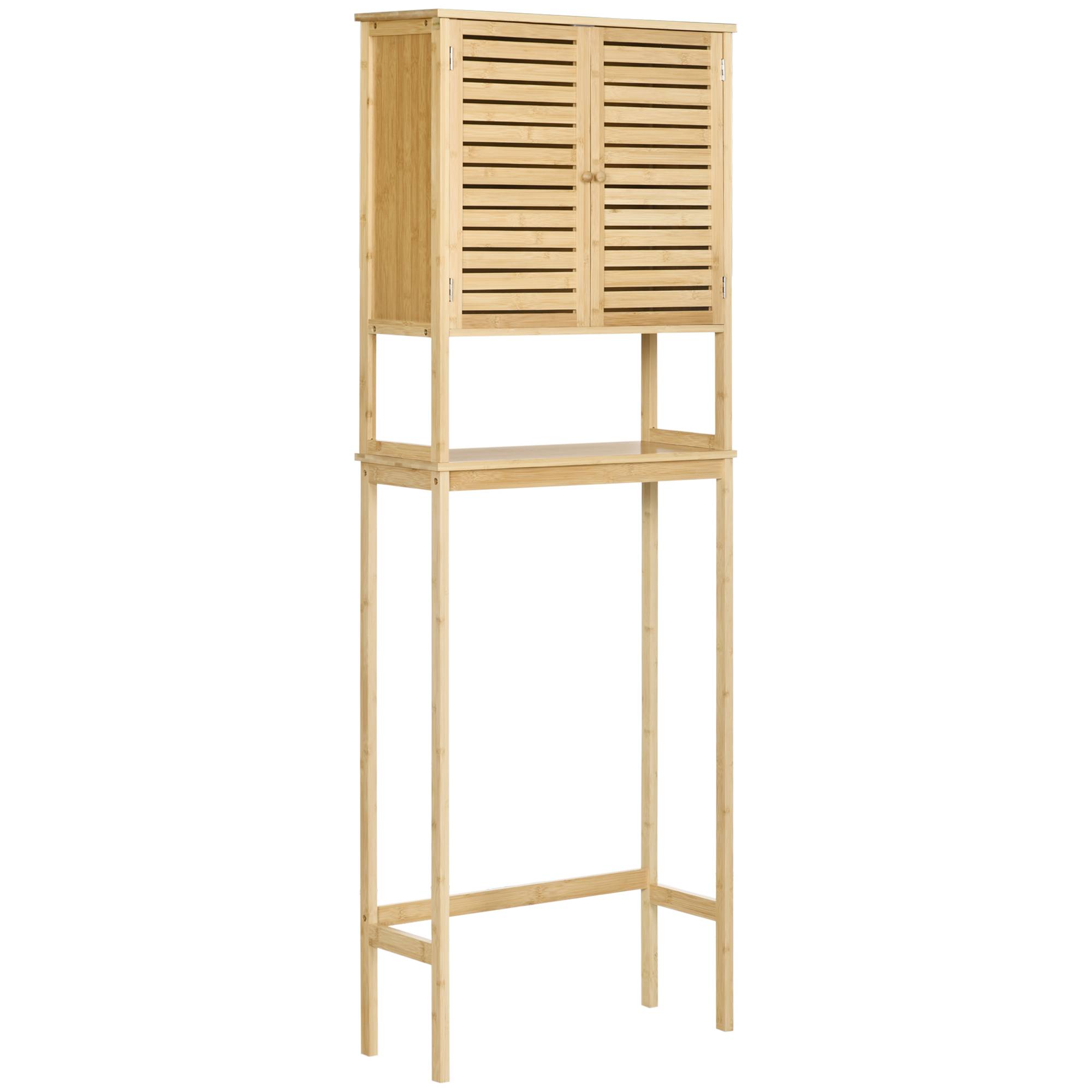 Sans Marque - Étagère toilettes meuble salle bain dessus toilette WC placard 2 portes étagère ouverte 60x23x173 cm bambou - Image 1