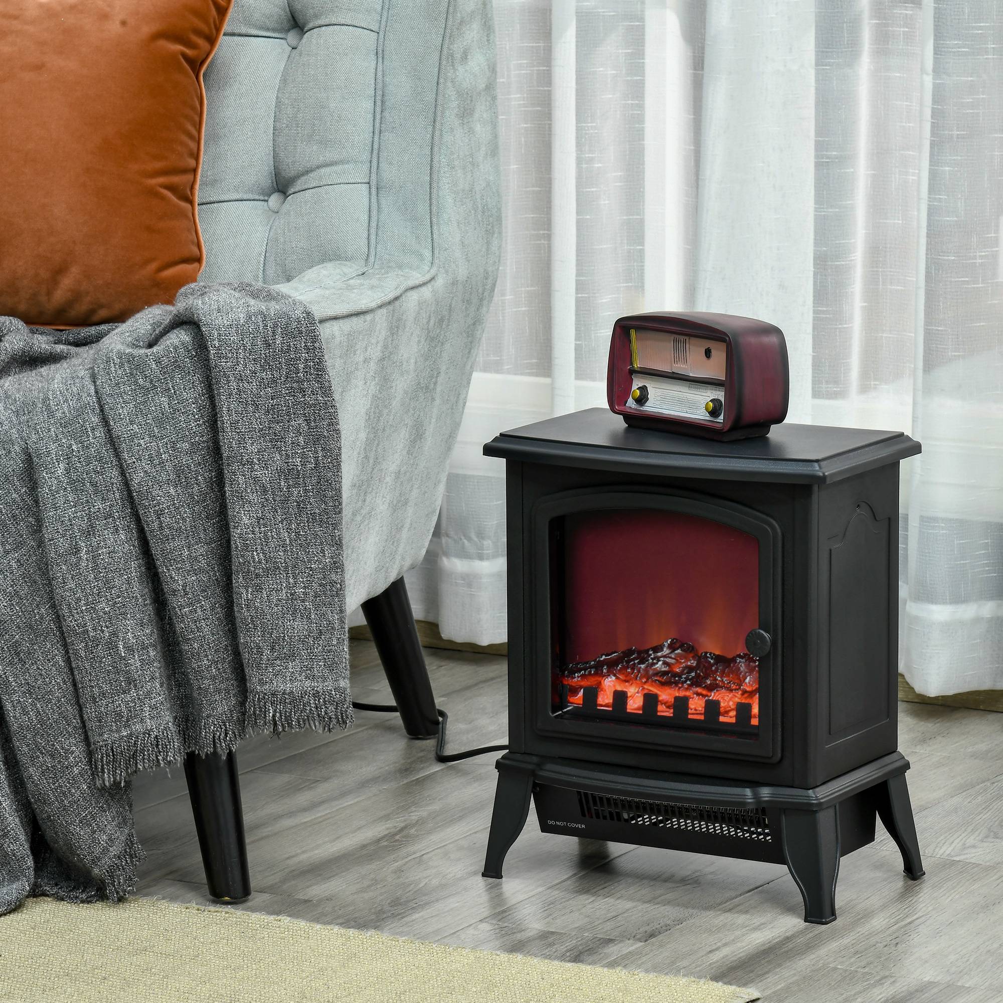 Sans Marque - Cheminée électrique autoportante, effet de flammes, 2 modes de chauffage 1000W/2000W, verre trempé, Noir, 36,5x24x45,5 cm - Image 4