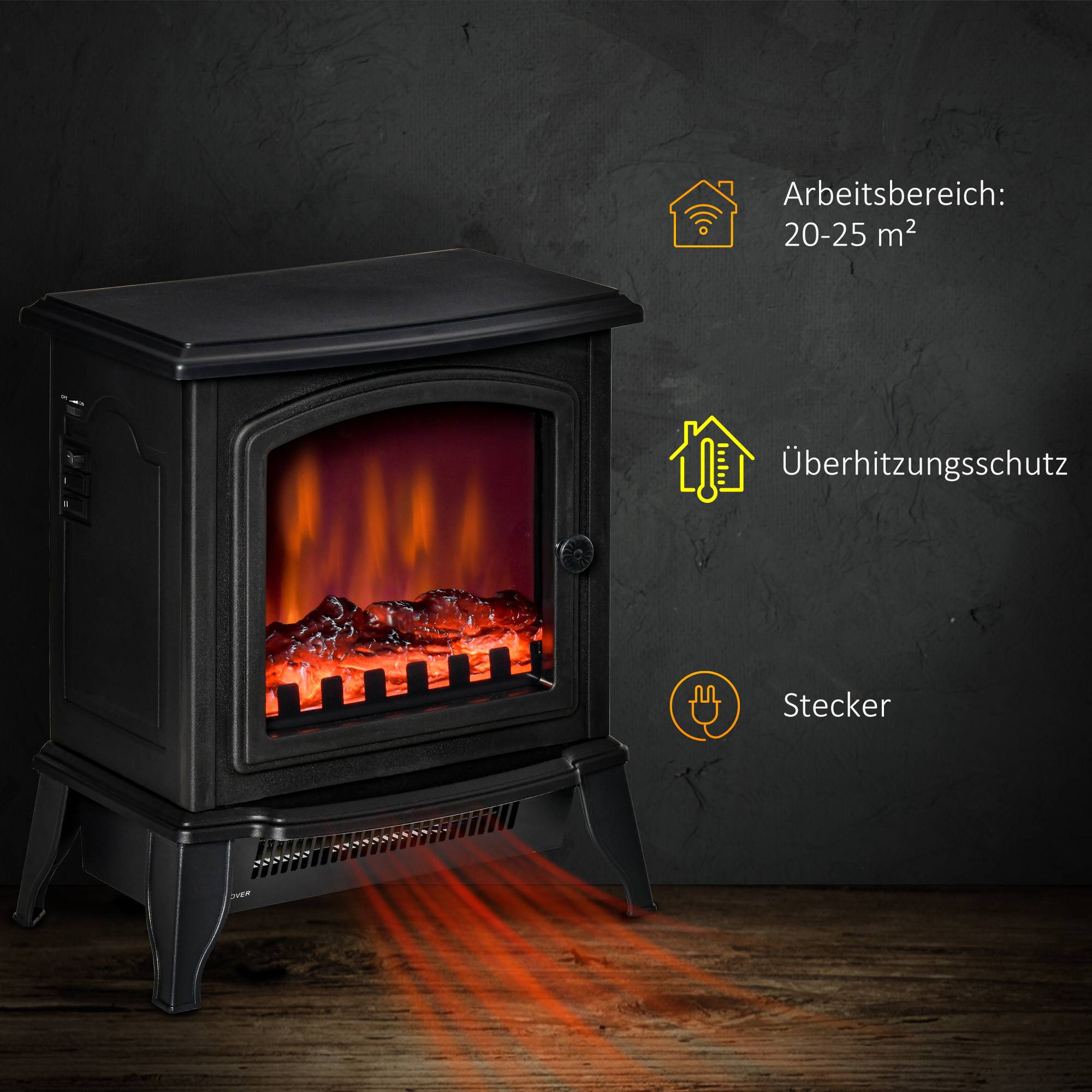 Sans Marque - Cheminée électrique autoportante, effet de flammes, 2 modes de chauffage 1000W/2000W, verre trempé, Noir, 36,5x24x45,5 cm - Image 8