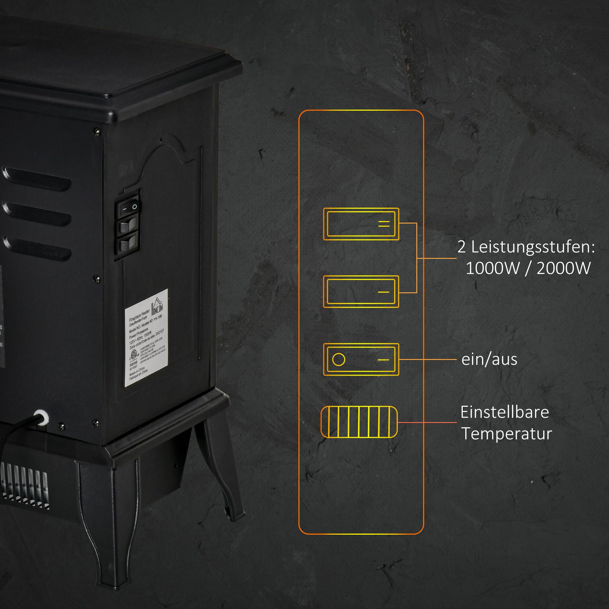 Sans Marque - Cheminée électrique autoportante, effet de flammes, 2 modes de chauffage 1000W/2000W, verre trempé, Noir, 36,5x24x45,5 cm - Image 7