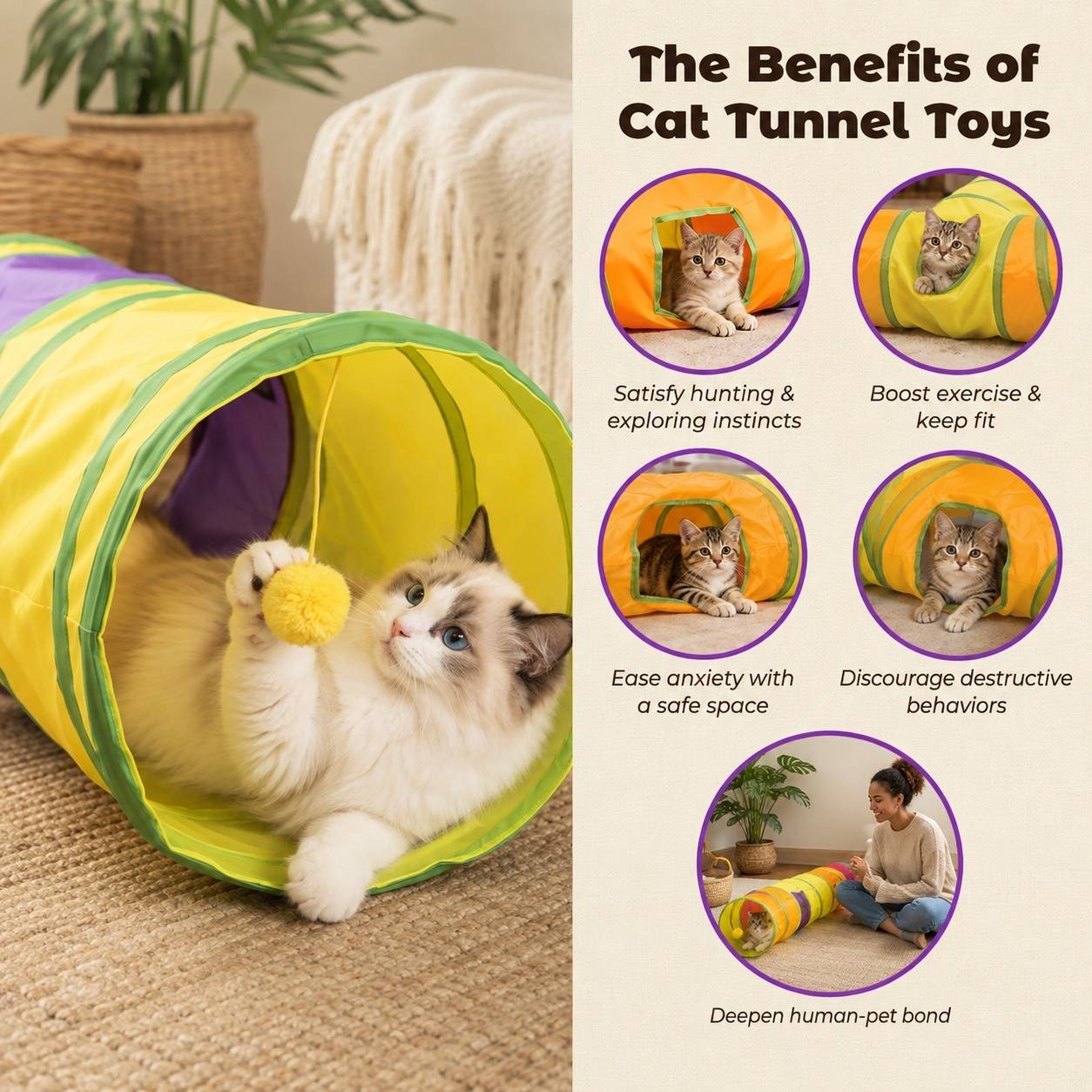 Tunnel de Jeu pour Animaux Domestiques Interactif avec Pompons Pendants et Trous de Jeu - Image 4