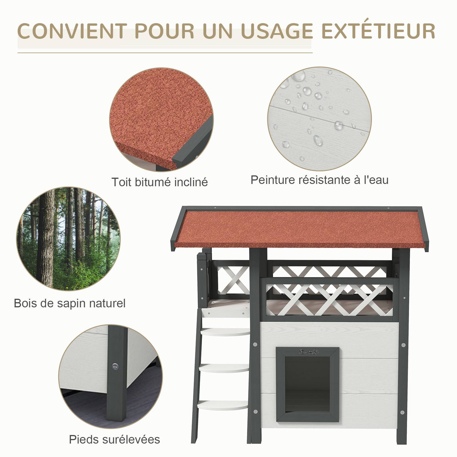 Sans Marque - Maison lodge pour chats sauvage errants avec terrasse escalier 77 x 50 x 73 cm blanc et rouge - Image 7