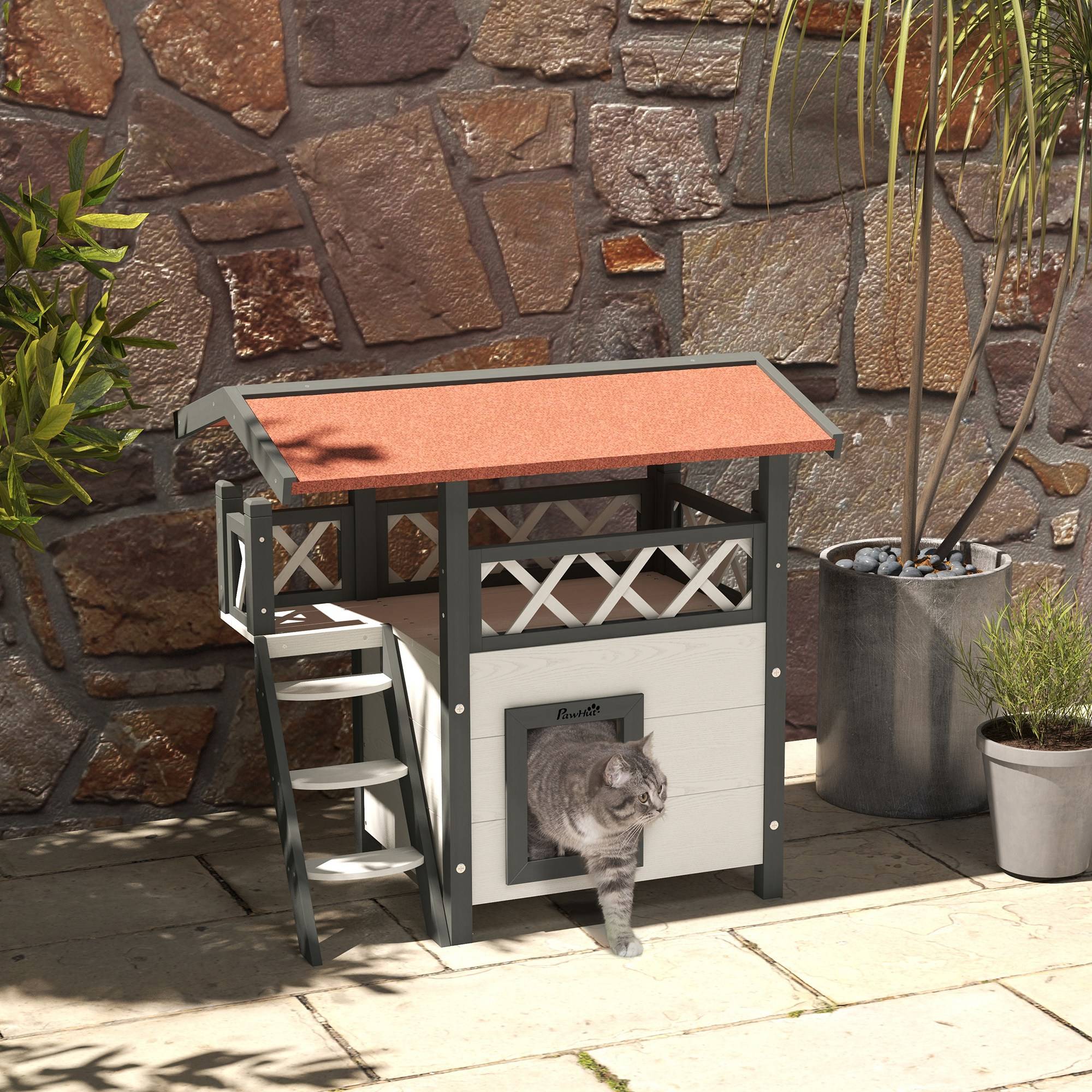 Sans Marque - Maison lodge pour chats sauvage errants avec terrasse escalier 77 x 50 x 73 cm blanc et rouge - Image 4
