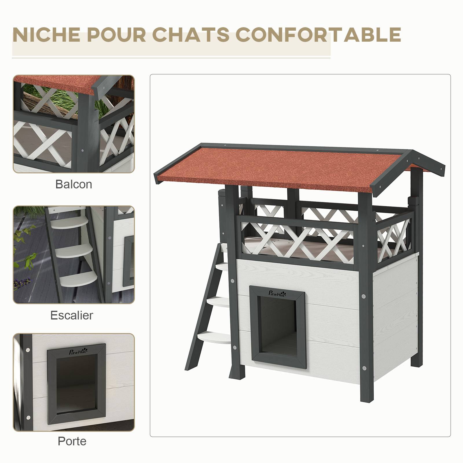 Sans Marque - Maison lodge pour chats sauvage errants avec terrasse escalier 77 x 50 x 73 cm blanc et rouge - Image 6