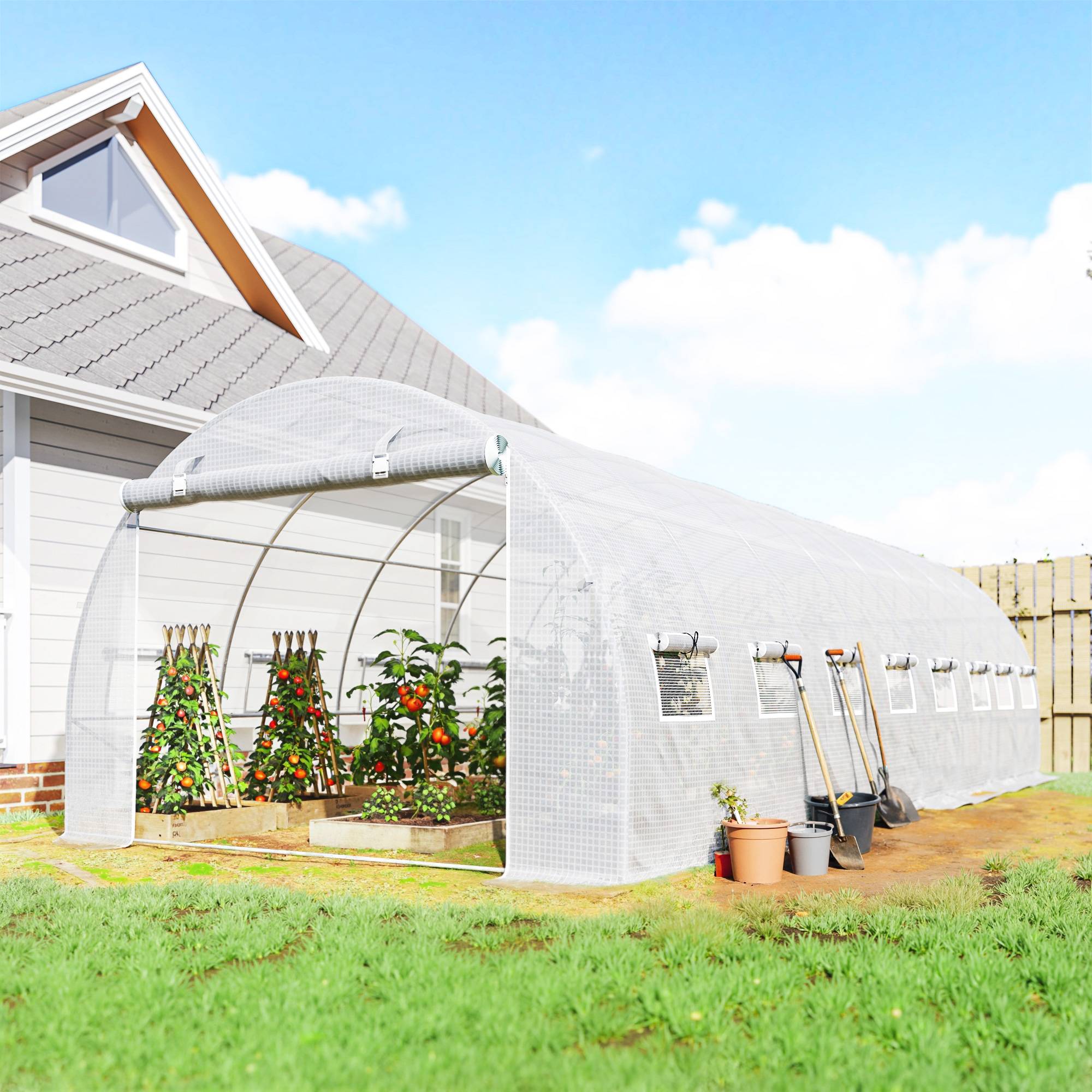 Serre de jardin tunnel 24m² 8L x 3l x 2H m - 16 fenêtres, Porte zippée enroulable acier galvanisé, bâche PE, Blanc - Image 3