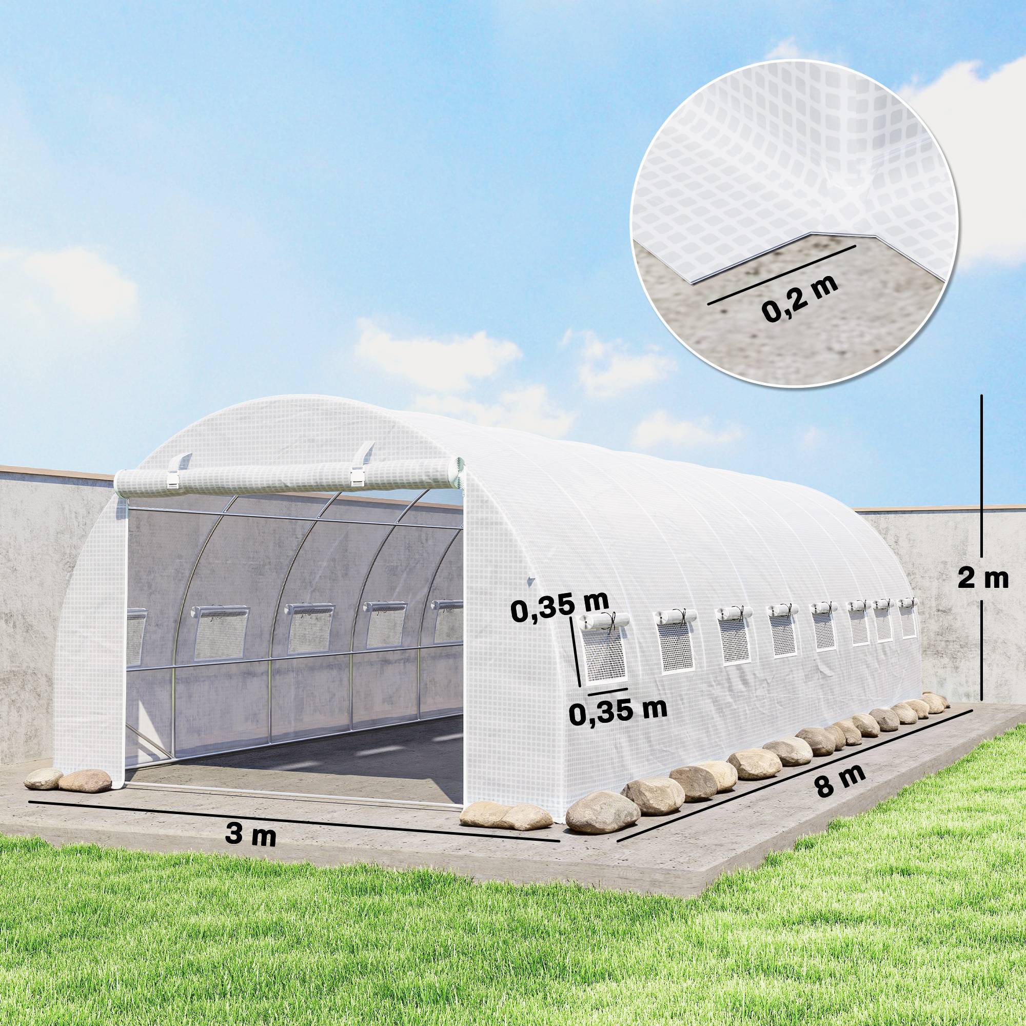 Serre de jardin tunnel 24m² 8L x 3l x 2H m - 16 fenêtres, Porte zippée enroulable acier galvanisé, bâche PE, Blanc - Image 5