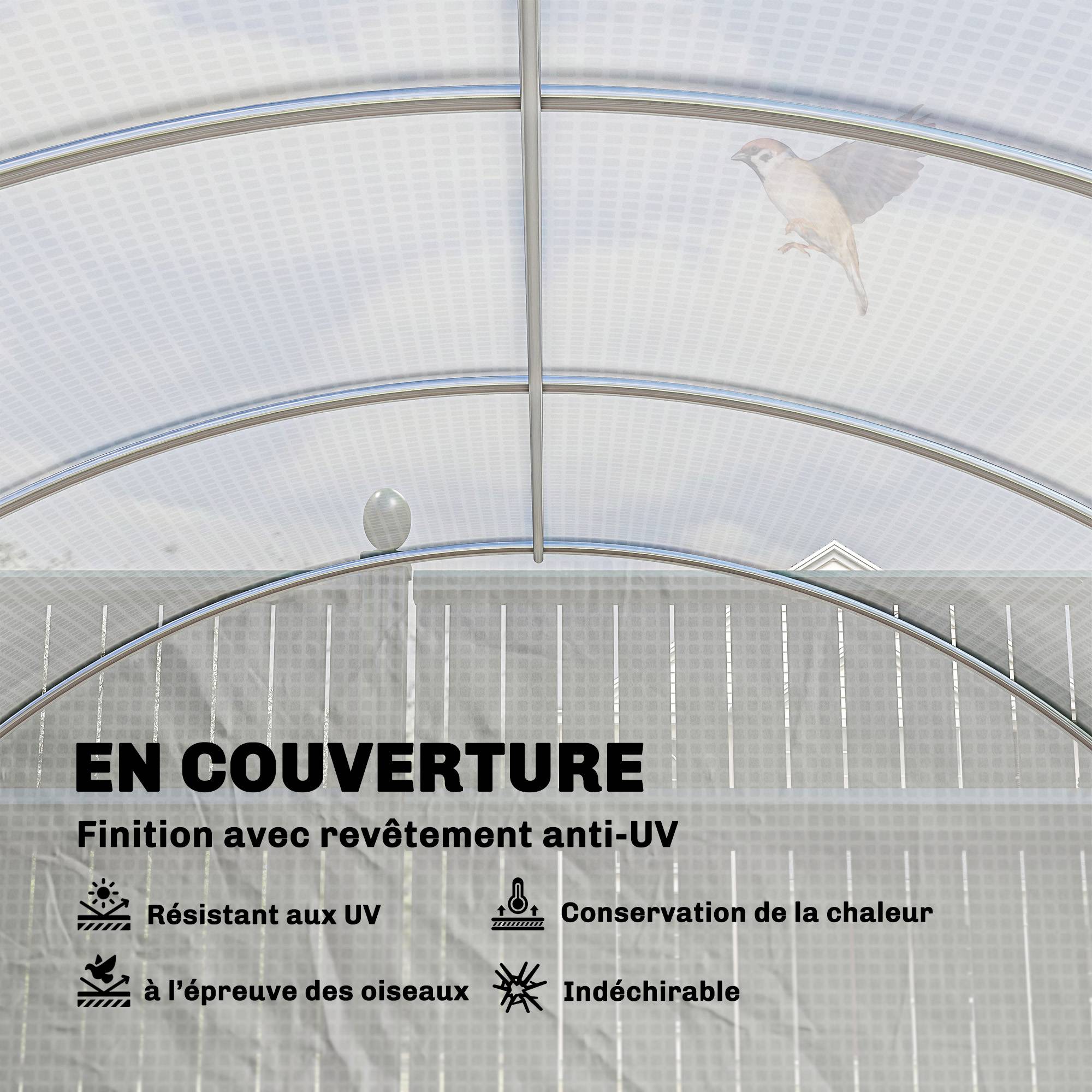 Serre de jardin tunnel 24m² 8L x 3l x 2H m - 16 fenêtres, Porte zippée enroulable acier galvanisé, bâche PE, Blanc - Image 6