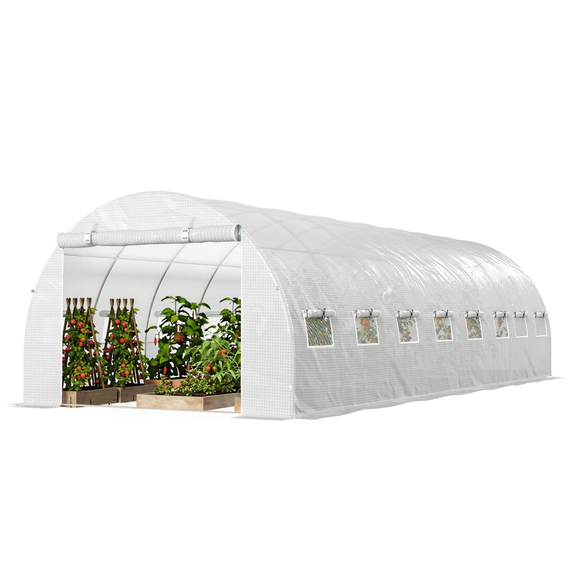 Serre de jardin tunnel 24m² 8L x 3l x 2H m - 16 fenêtres, Porte zippée enroulable acier galvanisé, bâche PE, Blanc - Image 2
