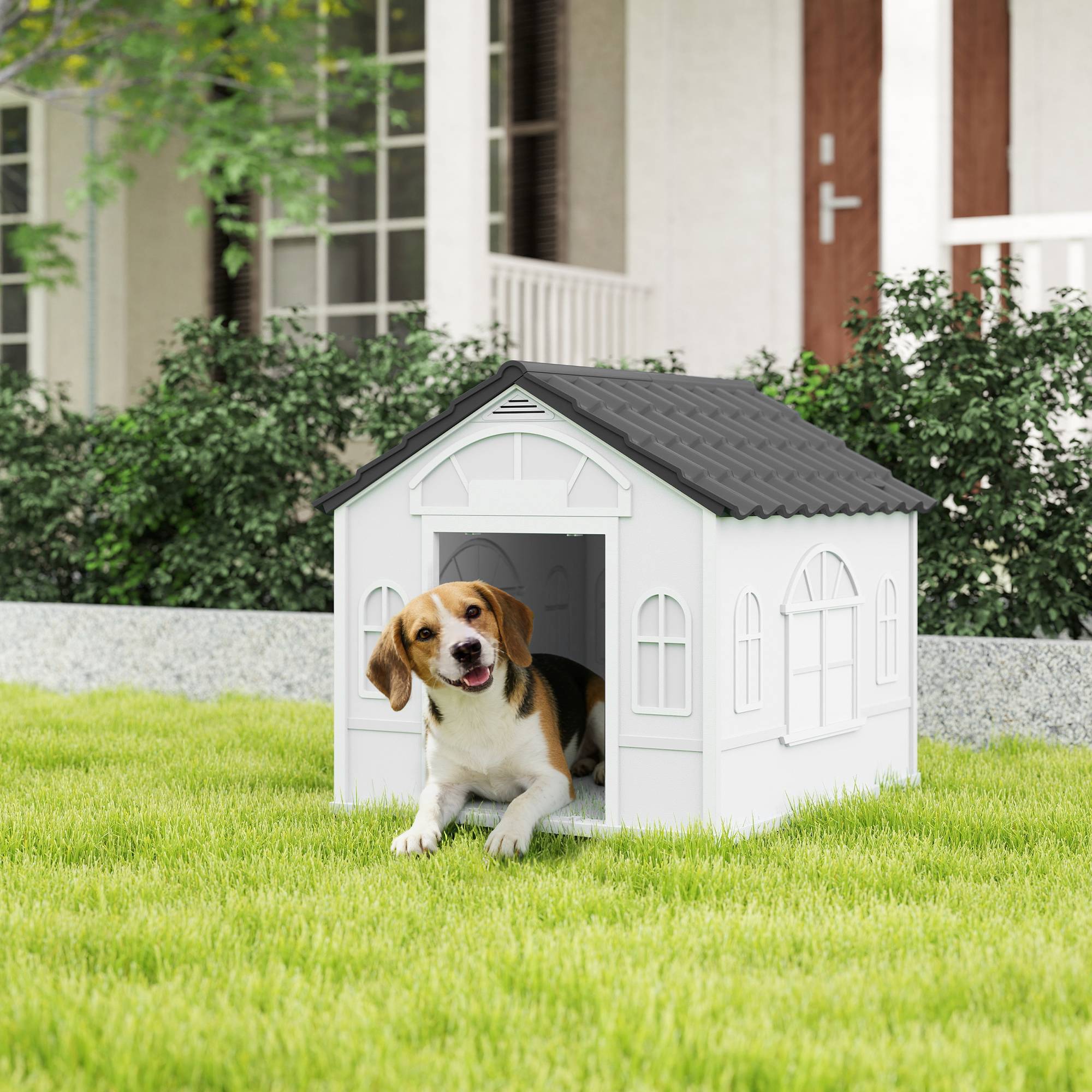 Niche pour chien en polypropylène étanche avec toit incliné et porte d'entrée, 65 x 75,7 x 63 cm, grise - Image 4
