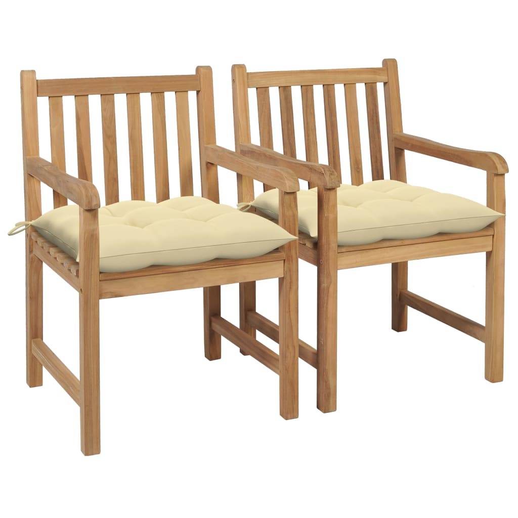 Lot de 2 Chaises de jardin et coussins - Chaises d'extérieur - Fauteuils de jardin blanc crème Bois de teck - Image 2