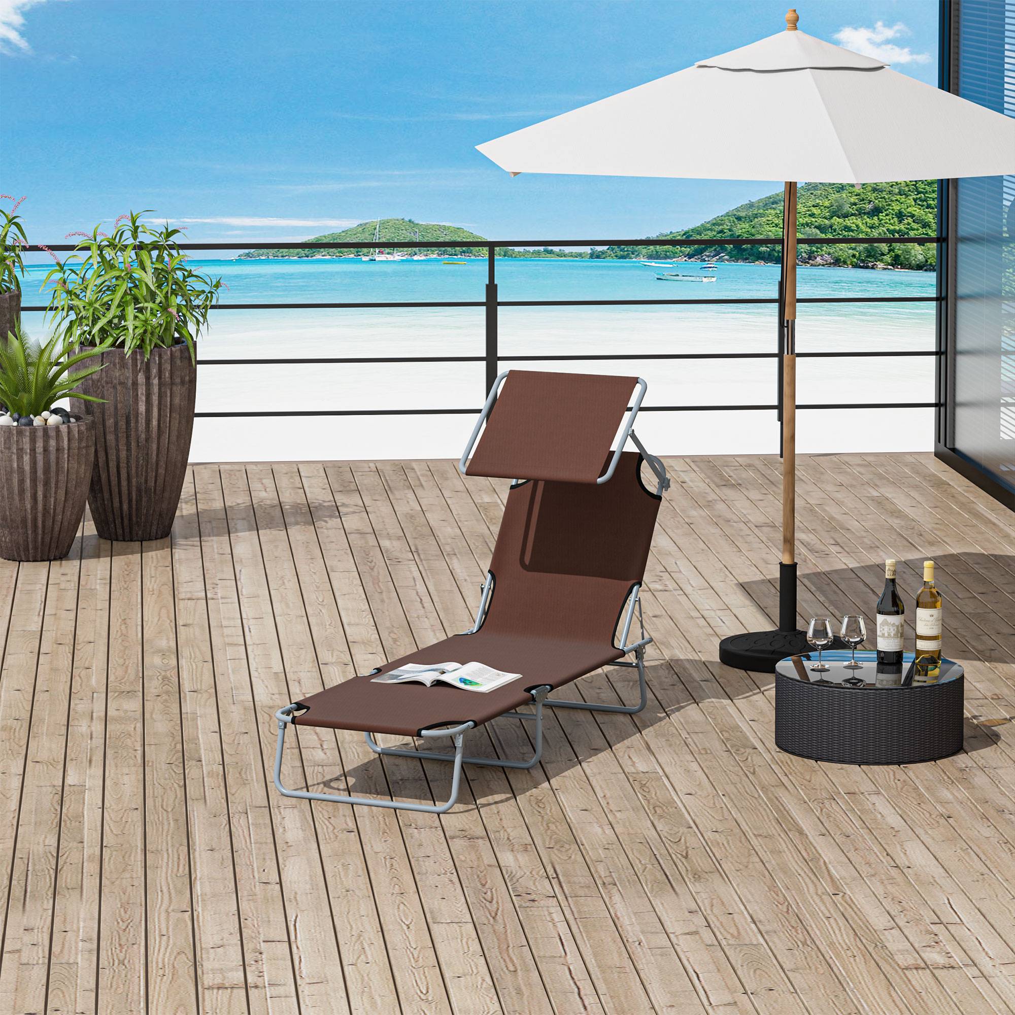 Chaise longue pliante jardin marron pare-soleil dossier 4 positions capacité 120 kg camping - Image 4
