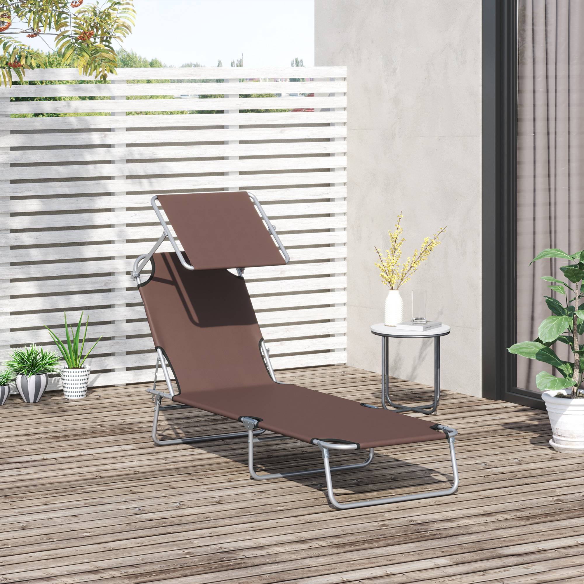 Chaise longue pliante jardin marron pare-soleil dossier 4 positions capacité 120 kg camping - Image 3