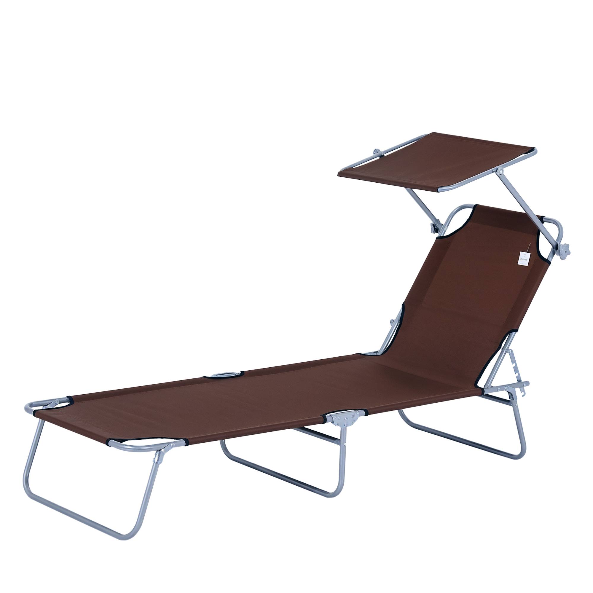 Chaise longue pliante jardin marron pare-soleil dossier 4 positions capacité 120 kg camping - Image 1