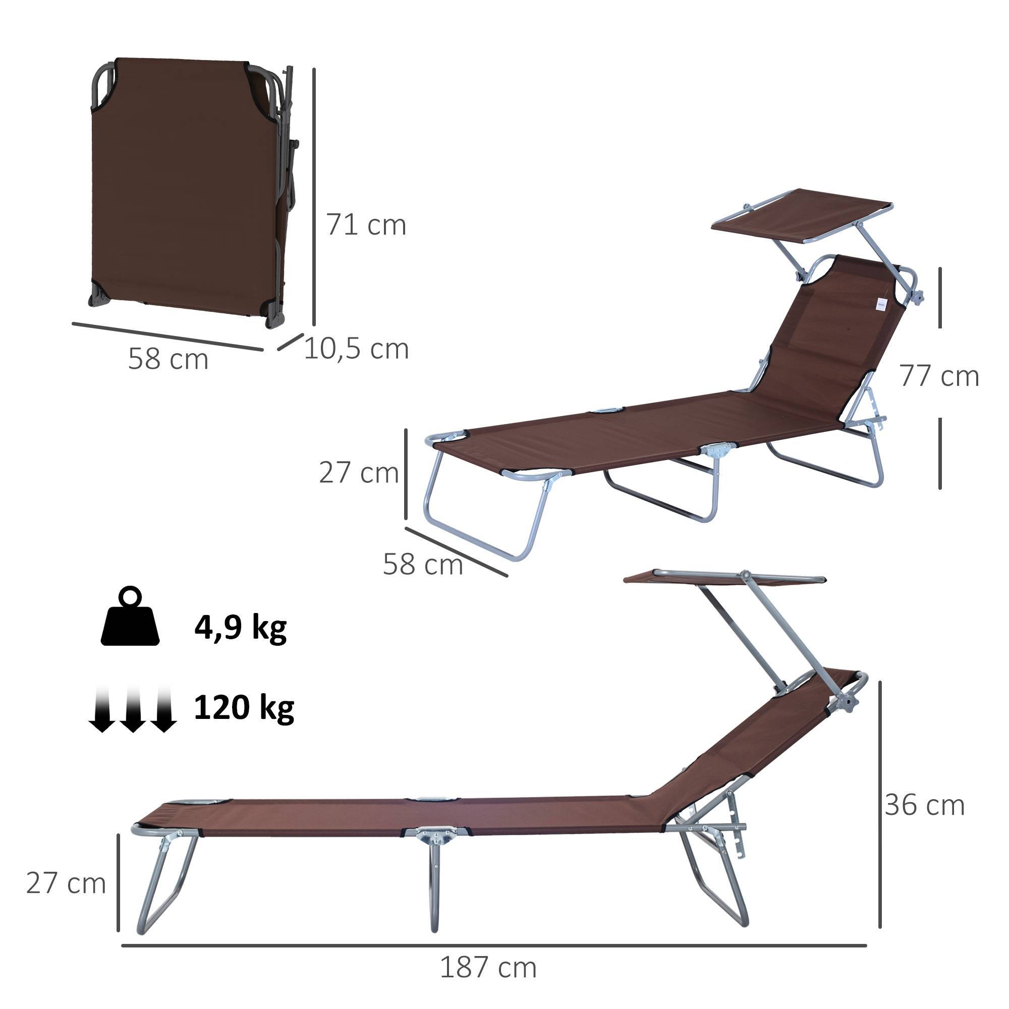 Chaise longue pliante jardin marron pare-soleil dossier 4 positions capacité 120 kg camping - Image 5