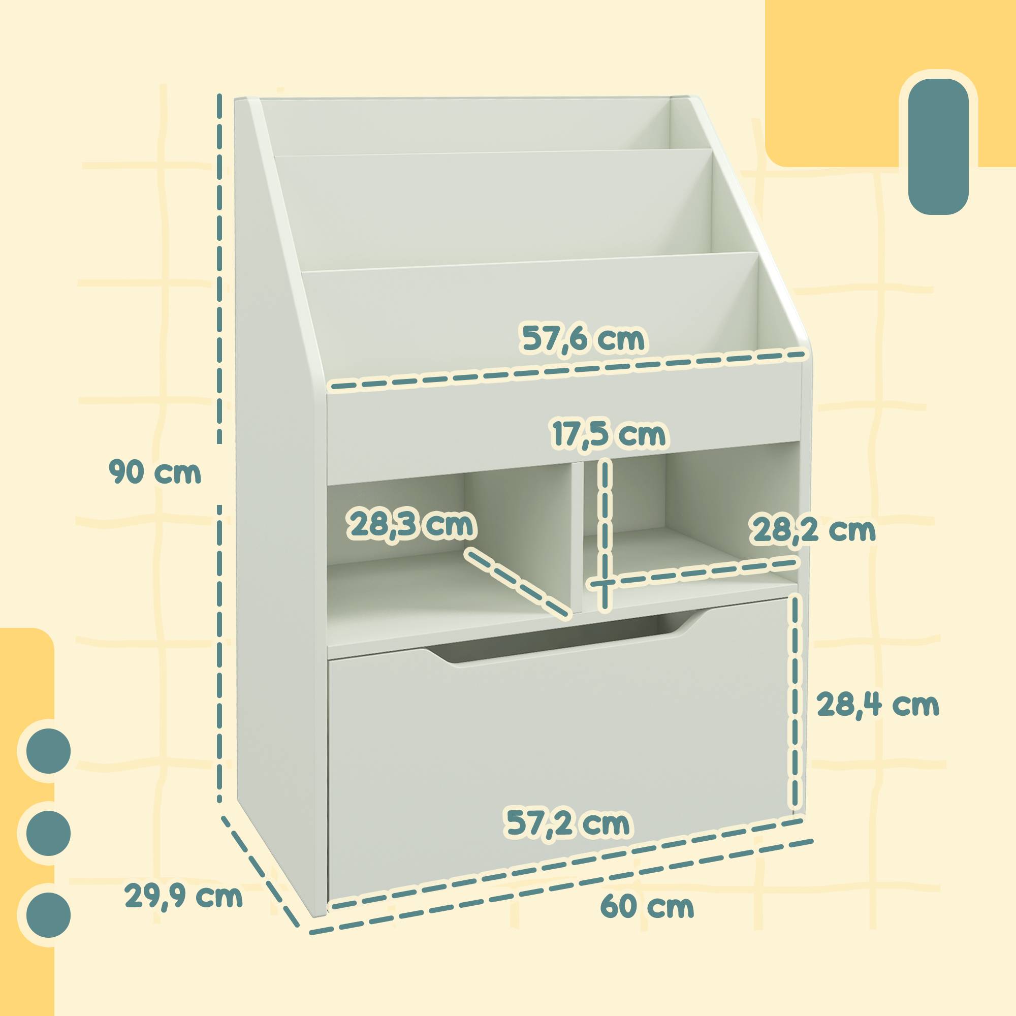 Étagère bois verte 3 compartiments 2 cubes tiroir mobile 4 roulettes mobilier enfant 60 × 29,9 × 90 cm - Image 5