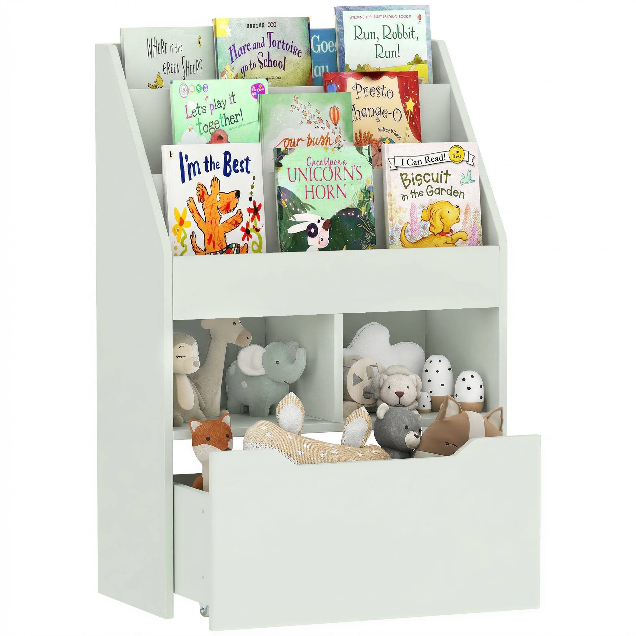 Étagère bois verte 3 compartiments 2 cubes tiroir mobile 4 roulettes mobilier enfant 60 × 29,9 × 90 cm - Image 1