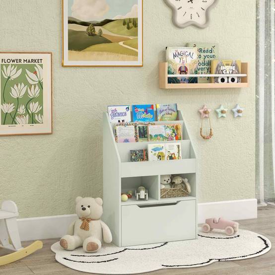 Étagère bois verte 3 compartiments 2 cubes tiroir mobile 4 roulettes mobilier enfant 60 × 29,9 × 90 cm - Image 4