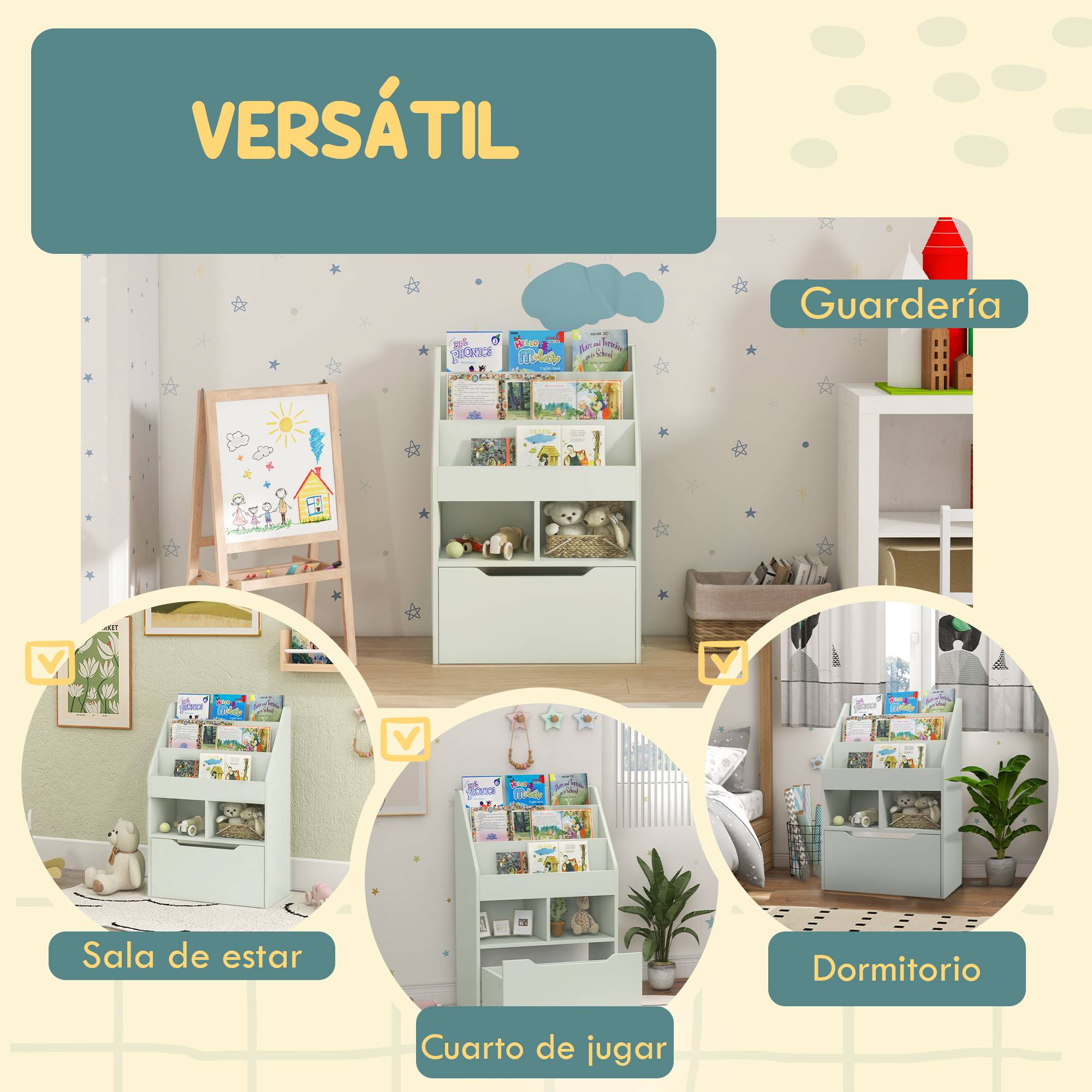 Étagère bois verte 3 compartiments 2 cubes tiroir mobile 4 roulettes mobilier enfant 60 × 29,9 × 90 cm - Image 9
