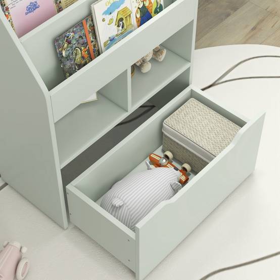 Étagère bois verte 3 compartiments 2 cubes tiroir mobile 4 roulettes mobilier enfant 60 × 29,9 × 90 cm - Image 10