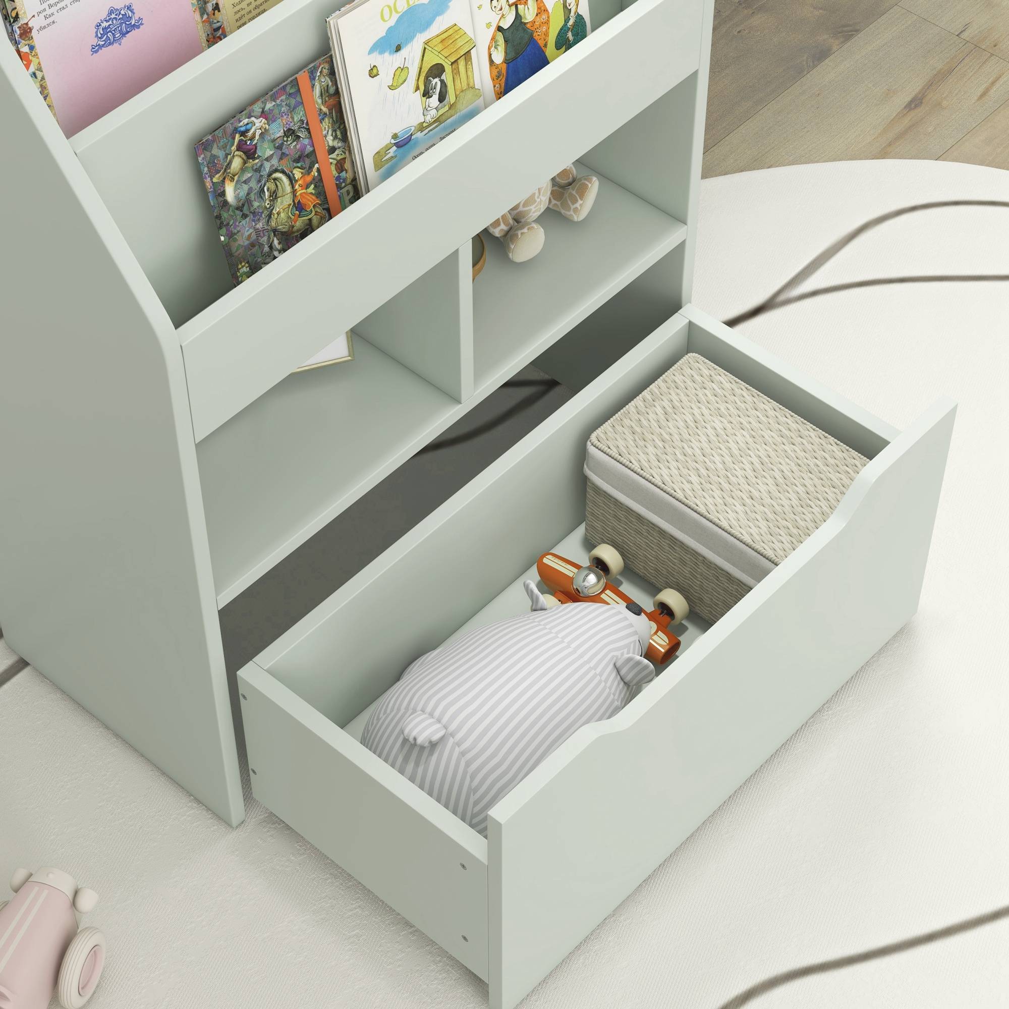 Étagère bois verte 3 compartiments 2 cubes tiroir mobile 4 roulettes mobilier enfant 60 × 29,9 × 90 cm - Image 10