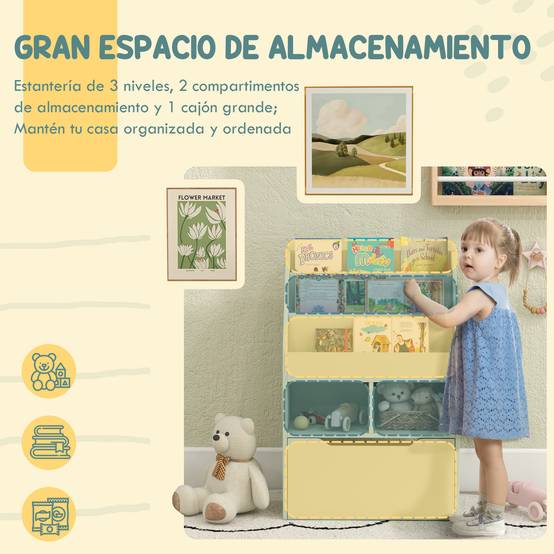 Étagère bois verte 3 compartiments 2 cubes tiroir mobile 4 roulettes mobilier enfant 60 × 29,9 × 90 cm - Image 6