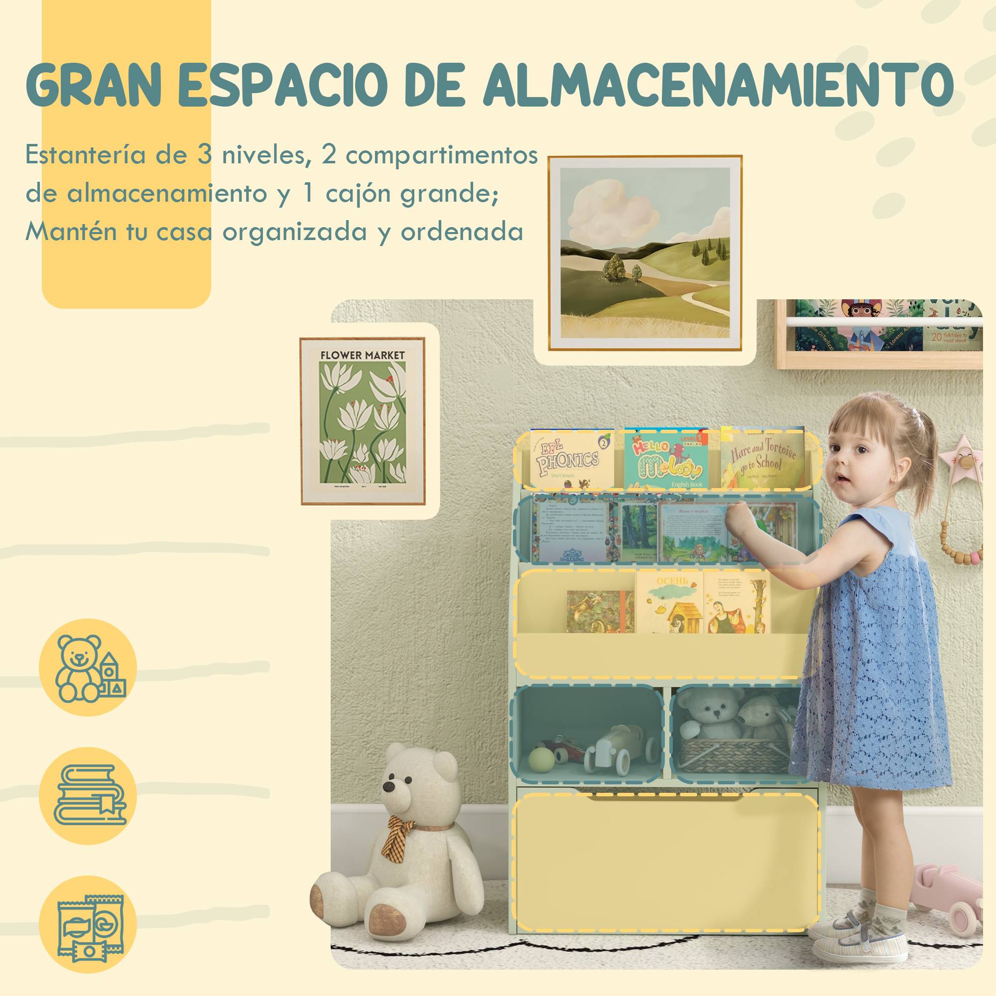 Étagère bois verte 3 compartiments 2 cubes tiroir mobile 4 roulettes mobilier enfant 60 × 29,9 × 90 cm - Image 6