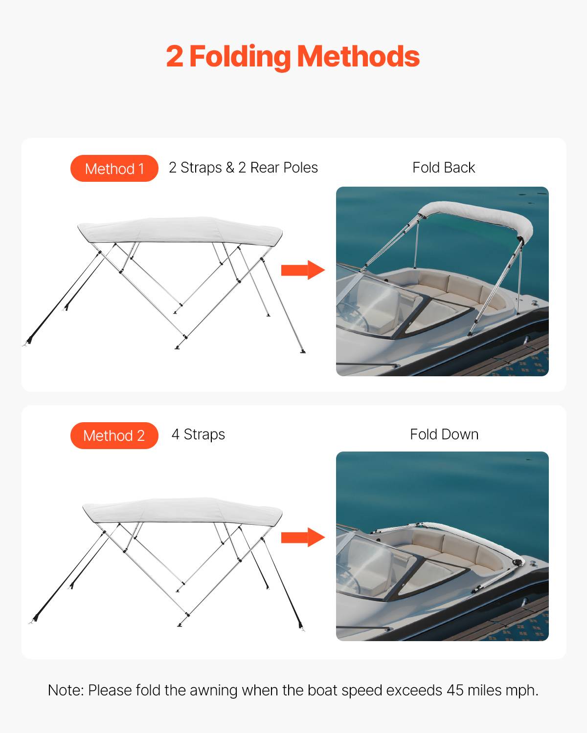 VEVOR Bimini bateau taud de soleil à 4 arceaux 170-182 cm en alu polyester gris - Image 4