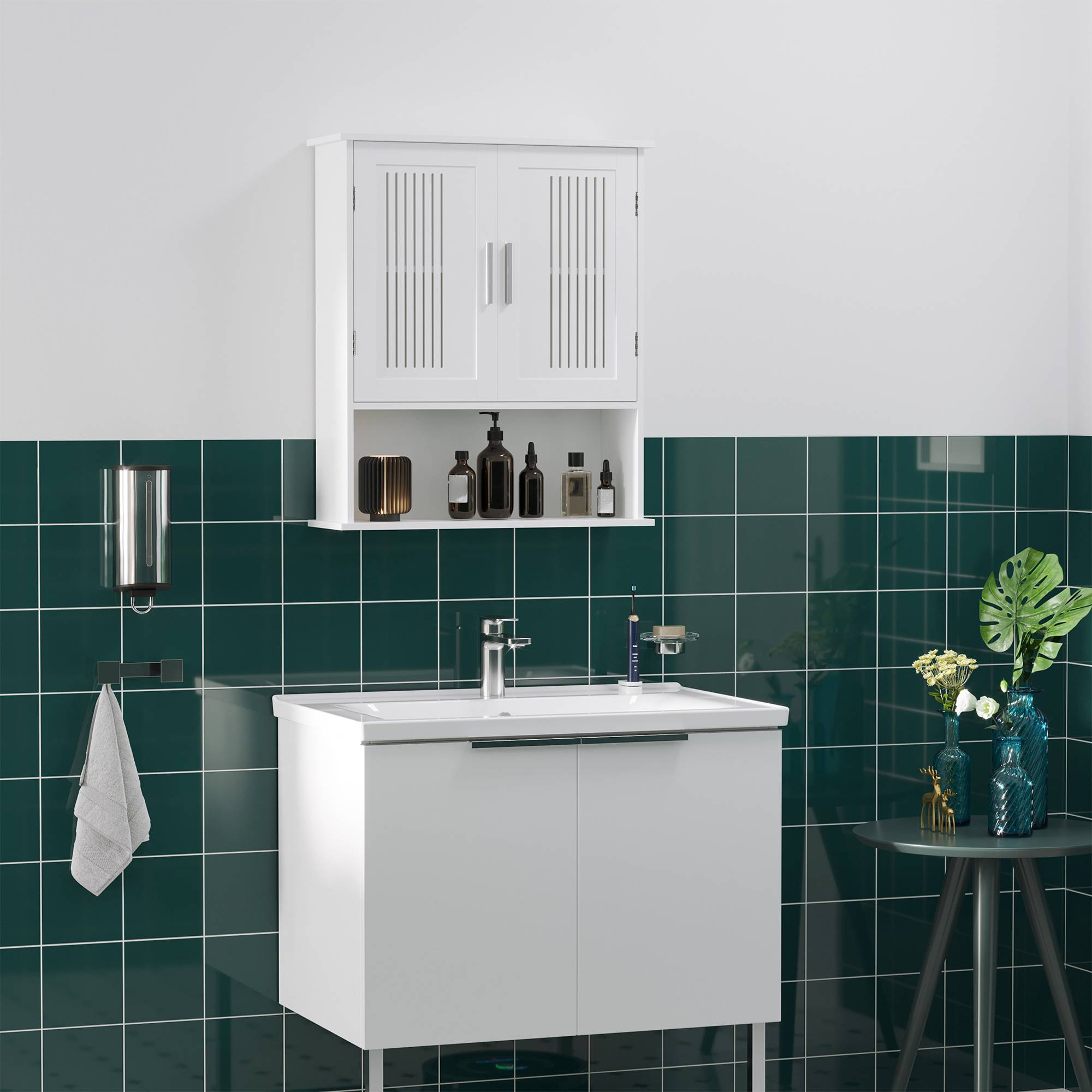 Sans Marque - Armoire murale meuble salle bain étagère réglable double porte étagère ouverte 60x20x70 cm blanc - Image 4