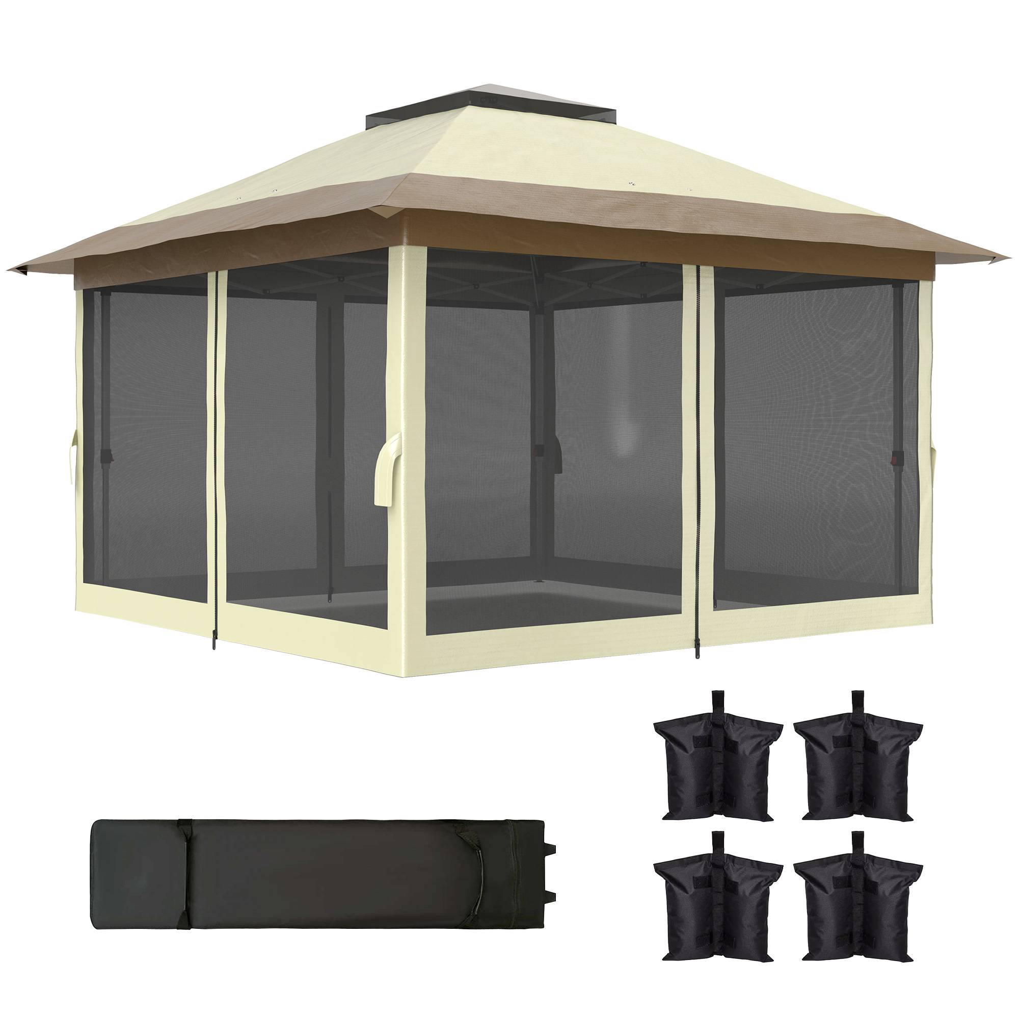 Tonnelle pliante 3,6 x 3,6 m avec parois en maille anti-UV50+, hauteur réglable, sac de transport à roulettes et sacs de lestage, couleur crème - Image 2