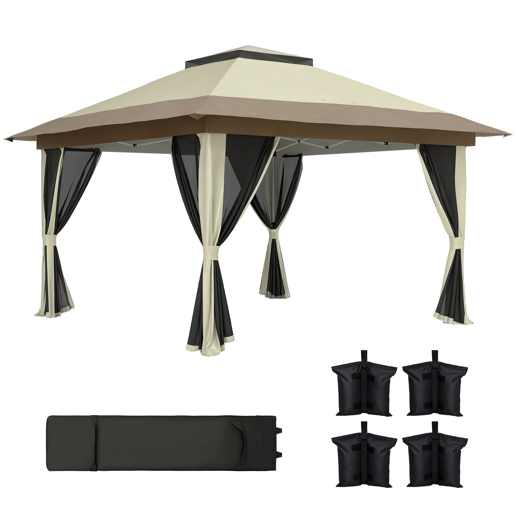 Tonnelle pliante 3,6 x 3,6 m avec parois en maille anti-UV50+, hauteur réglable, sac de transport à roulettes et sacs de lestage, couleur crème - Image 1