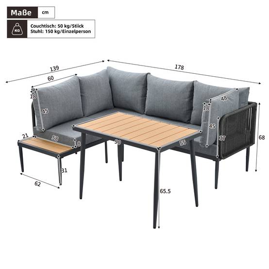 Ensemble table et chaises de jardin, canapé d'angle + table de salle à manger, tube d'acier galvanisé, plateau de table en bois plastique, gris - Image 4