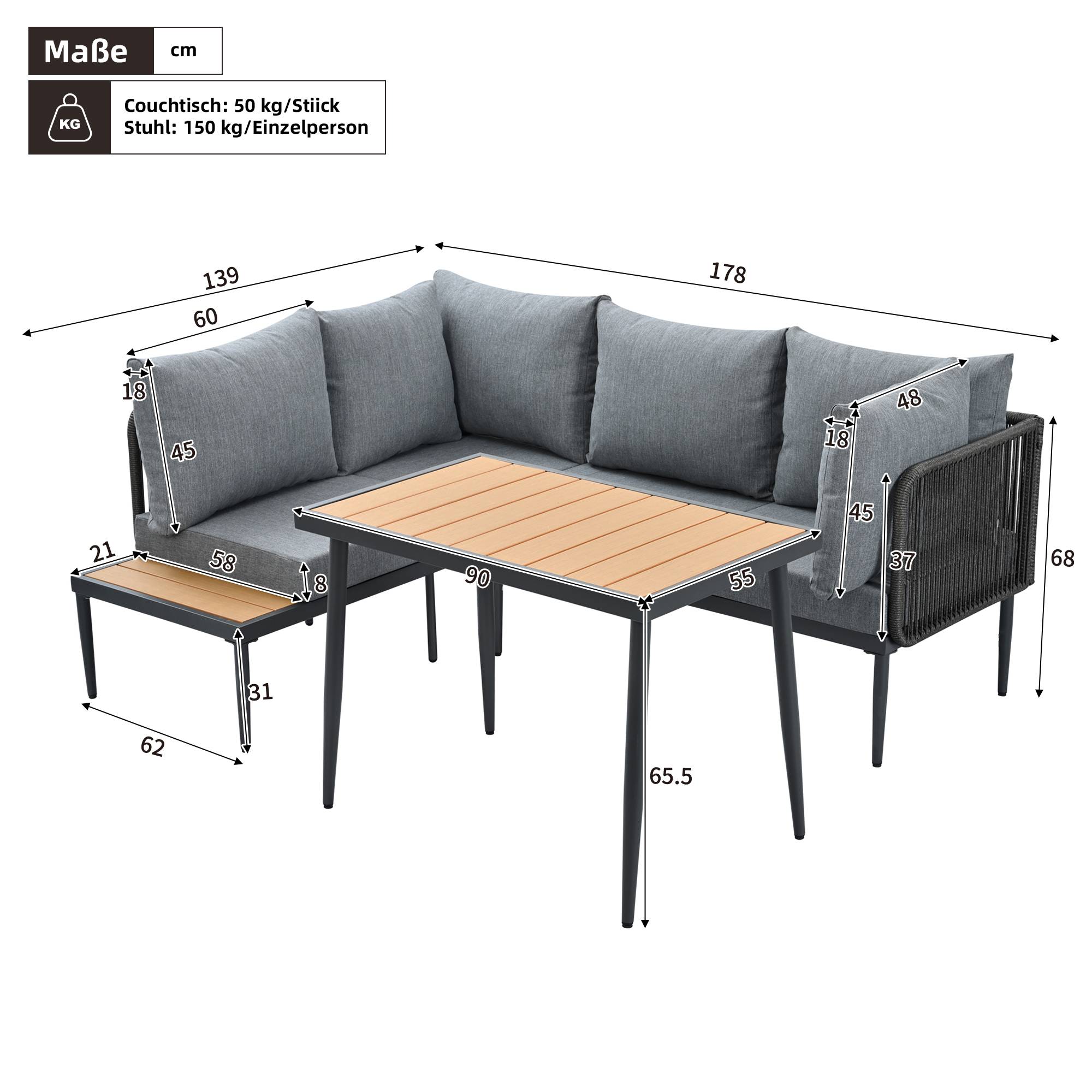 Ensemble table et chaises de jardin, canapé d'angle + table de salle à manger, tube d'acier galvanisé, plateau de table en bois plastique, gris - Image 4