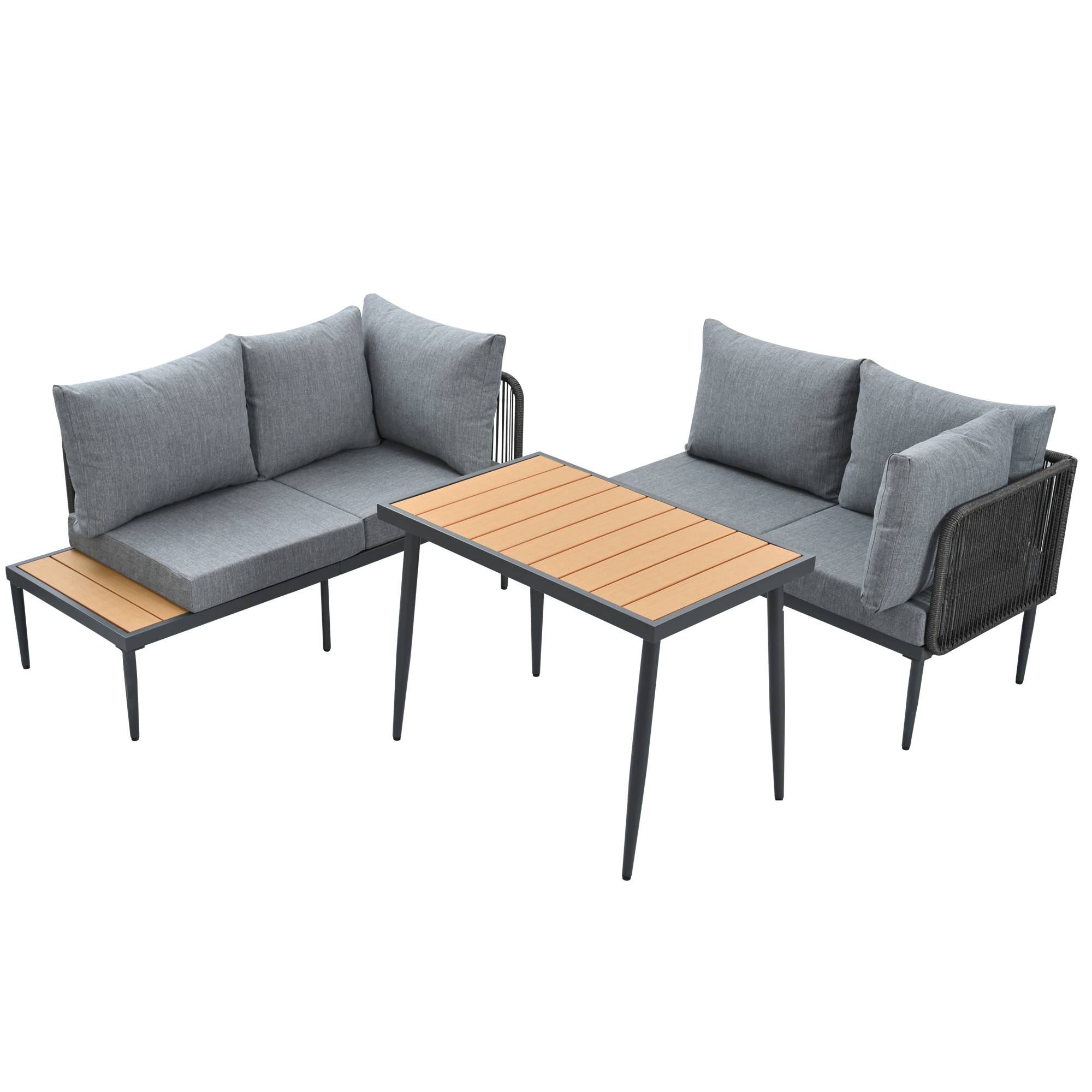 Ensemble table et chaises de jardin, canapé d'angle + table de salle à manger, tube d'acier galvanisé, plateau de table en bois plastique, gris - Image 7