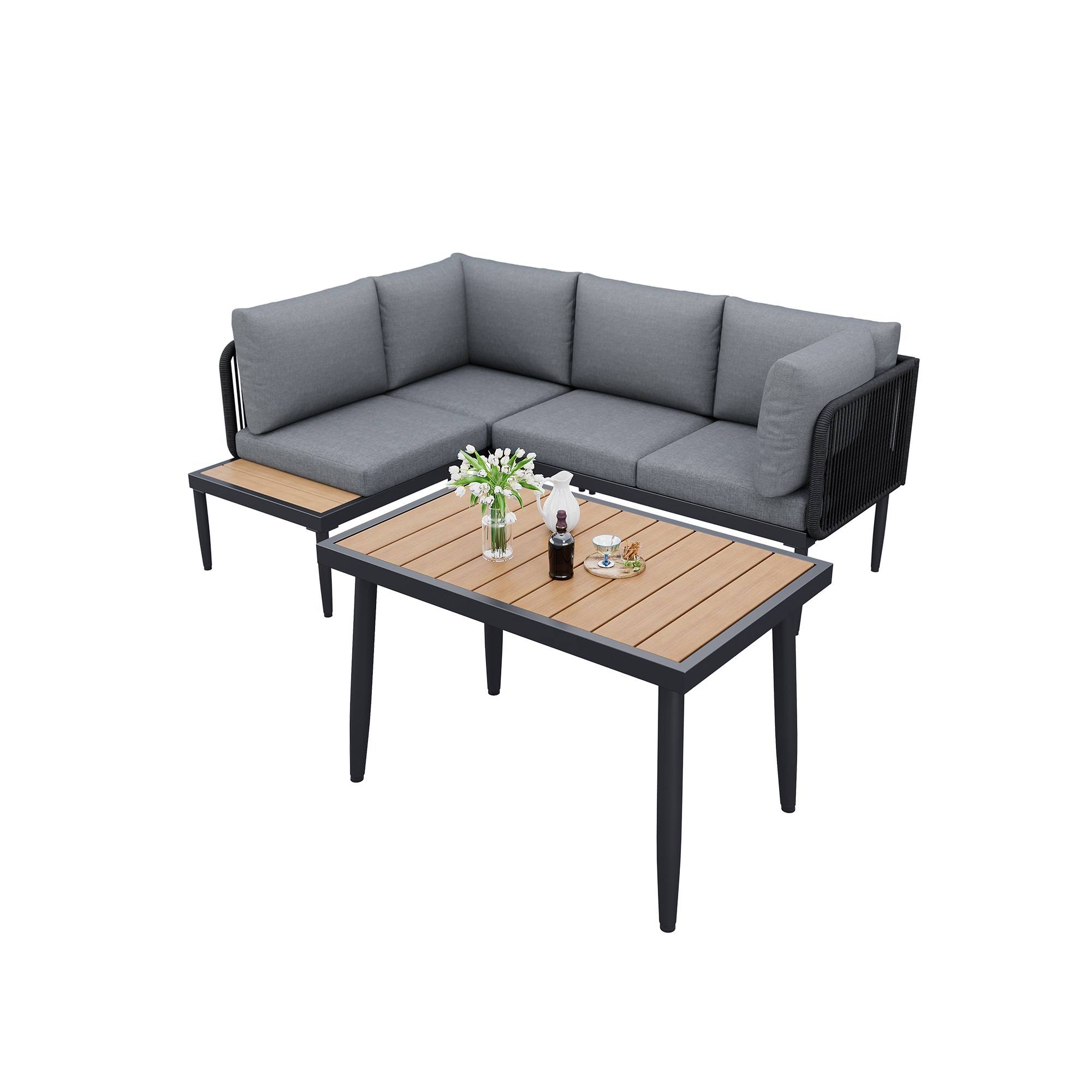 Ensemble table et chaises de jardin, canapé d'angle + table de salle à manger, tube d'acier galvanisé, plateau de table en bois plastique, gris - Image 8